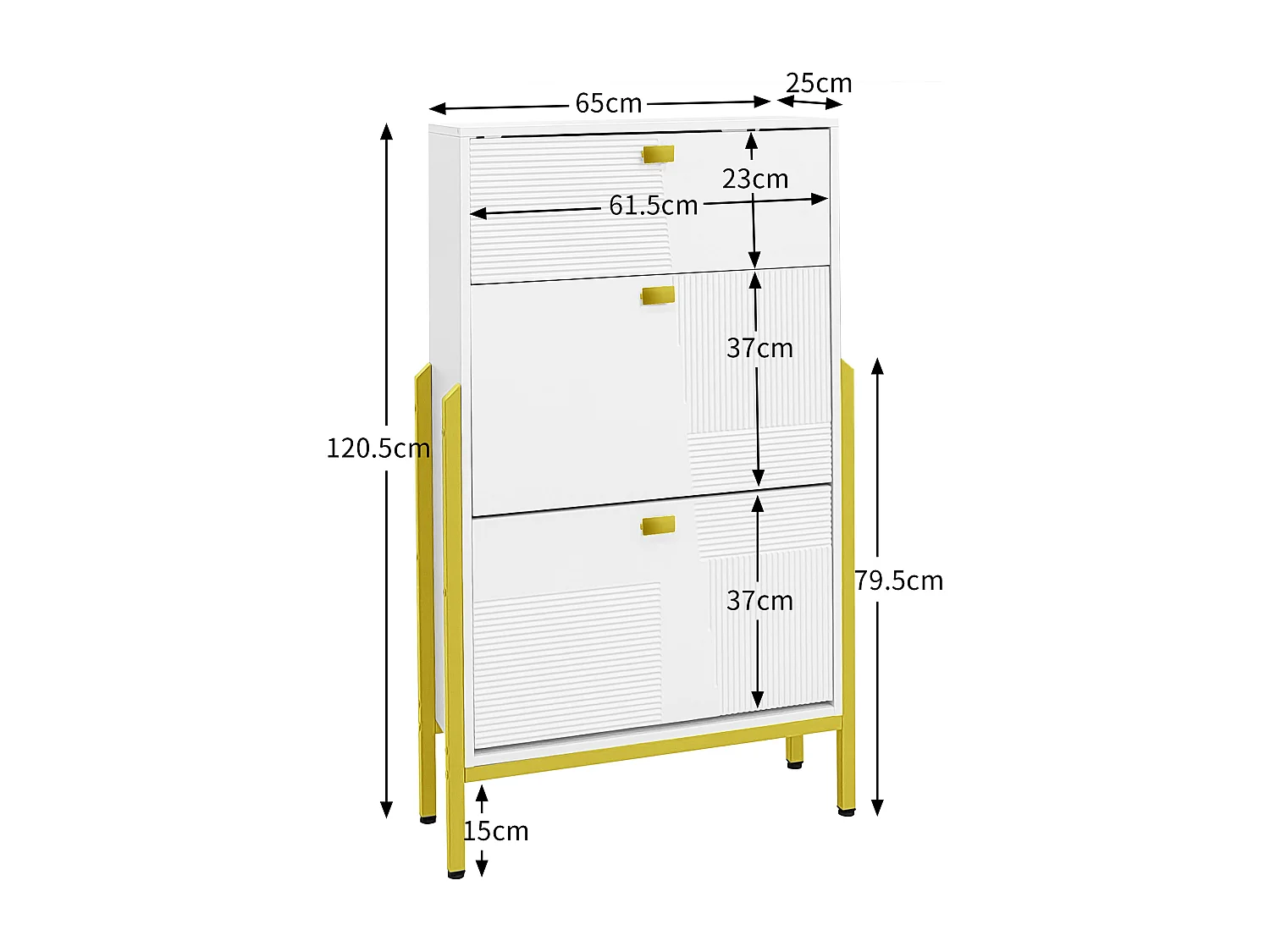 Scarpiera con 2 ante e 1 cassetto - 65 x 25 x 120,5 cm - Maniglie e piedini dorati - Pannello truciolare - Bianco