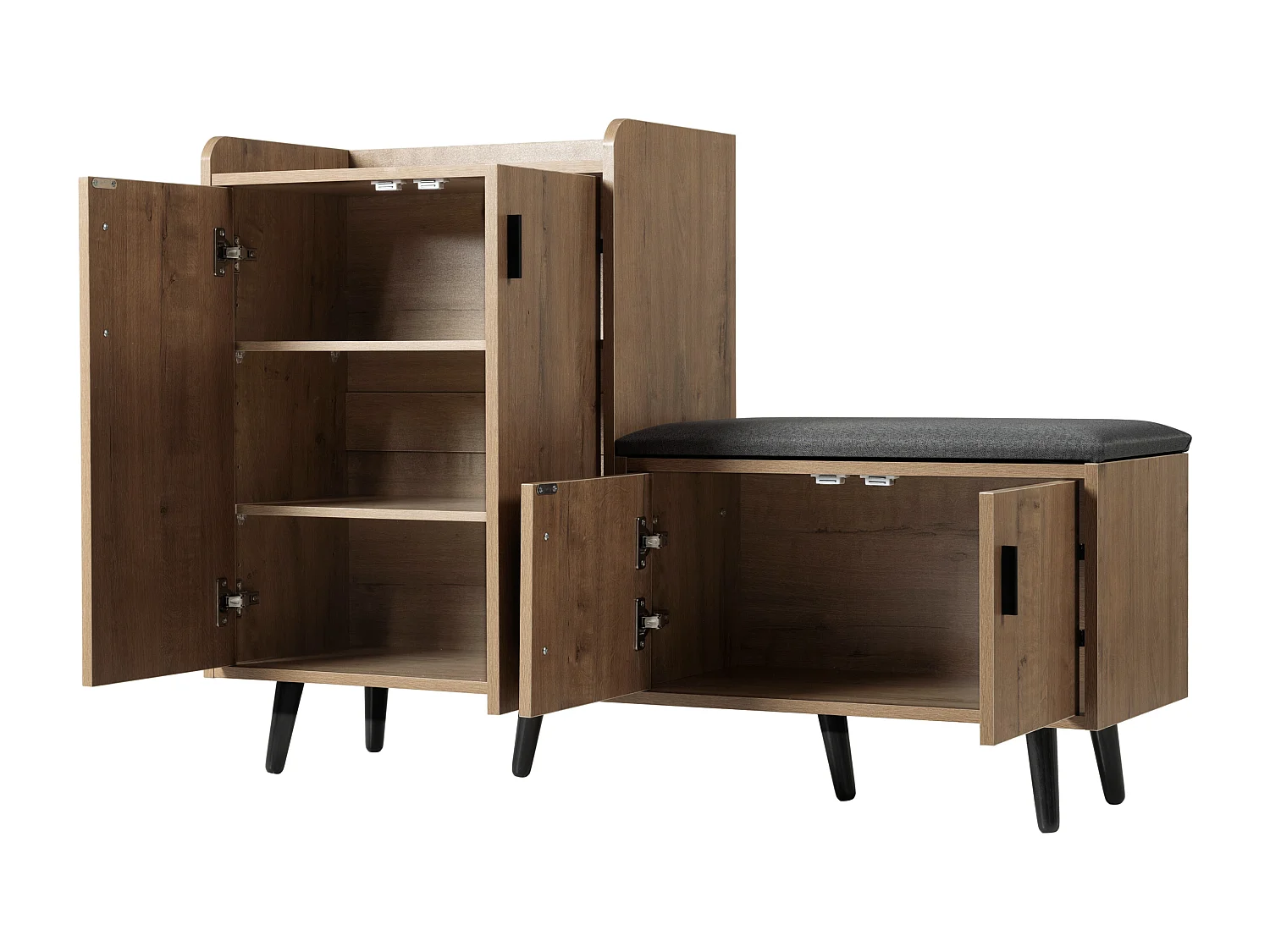 Banc à chaussures moderne avec 4 portes et coussin - pièds et poignées en métal - coloris naturel - 120 x 34 x 82 cm