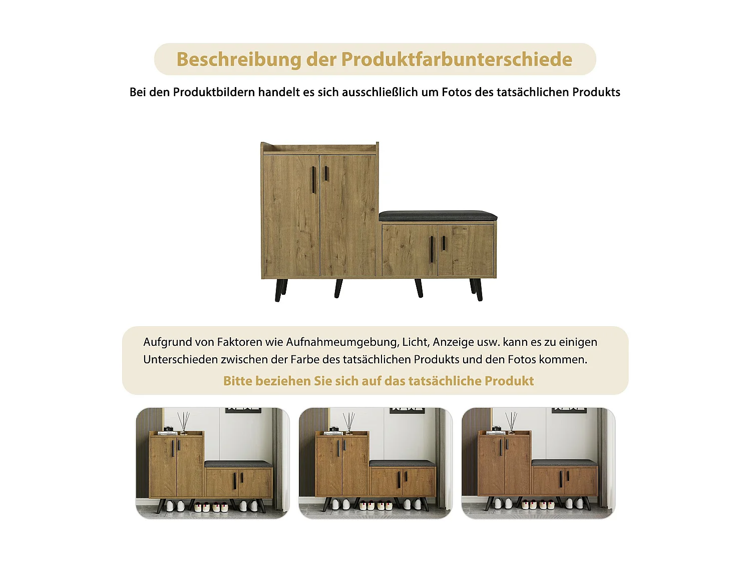 Banco de sapatos moderno com 4 portas e almofada - pernas e puxadores de metal - cor natural - 120 x 34 x 82 cm