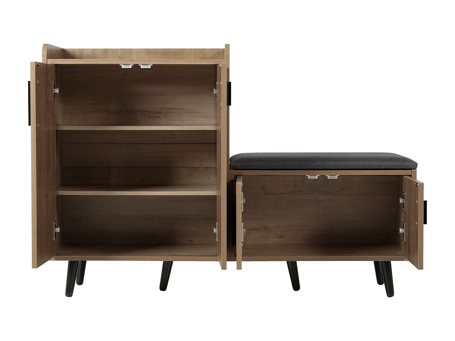 Banco de sapatos moderno com 4 portas e almofada - pernas e puxadores de metal - cor natural - 120 x 34 x 82 cm