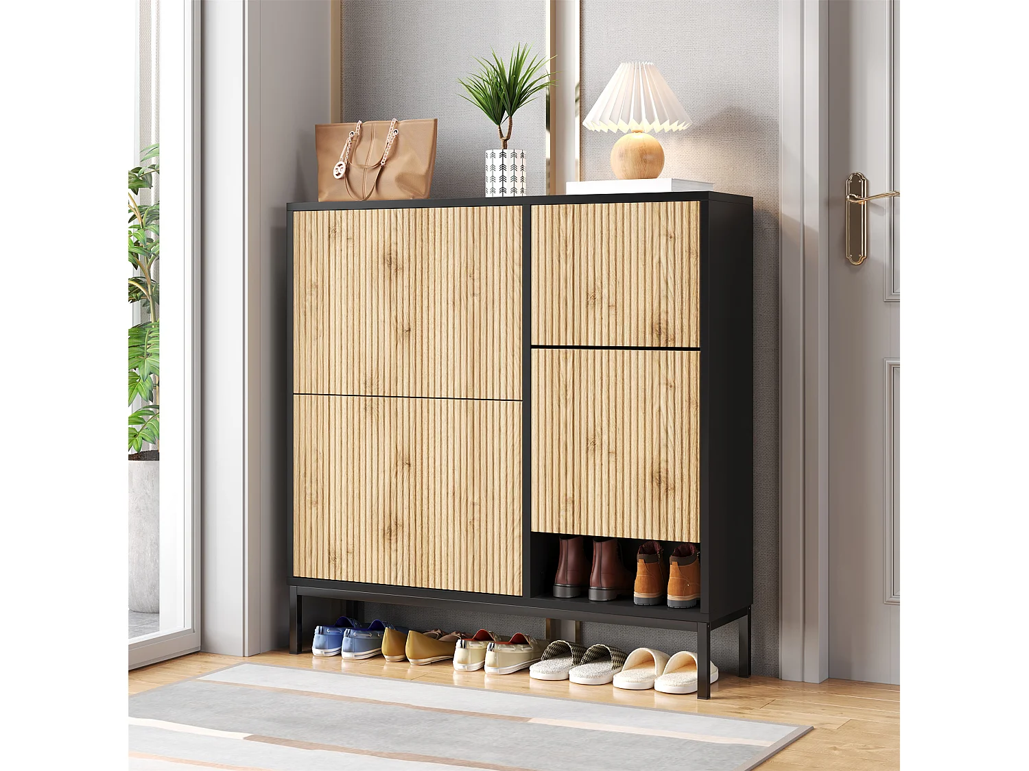 Szafka na buty z 4 drzwiami i przewijakiem - 105 x 25 x 115,5 cm - MDF - Czarny połysk