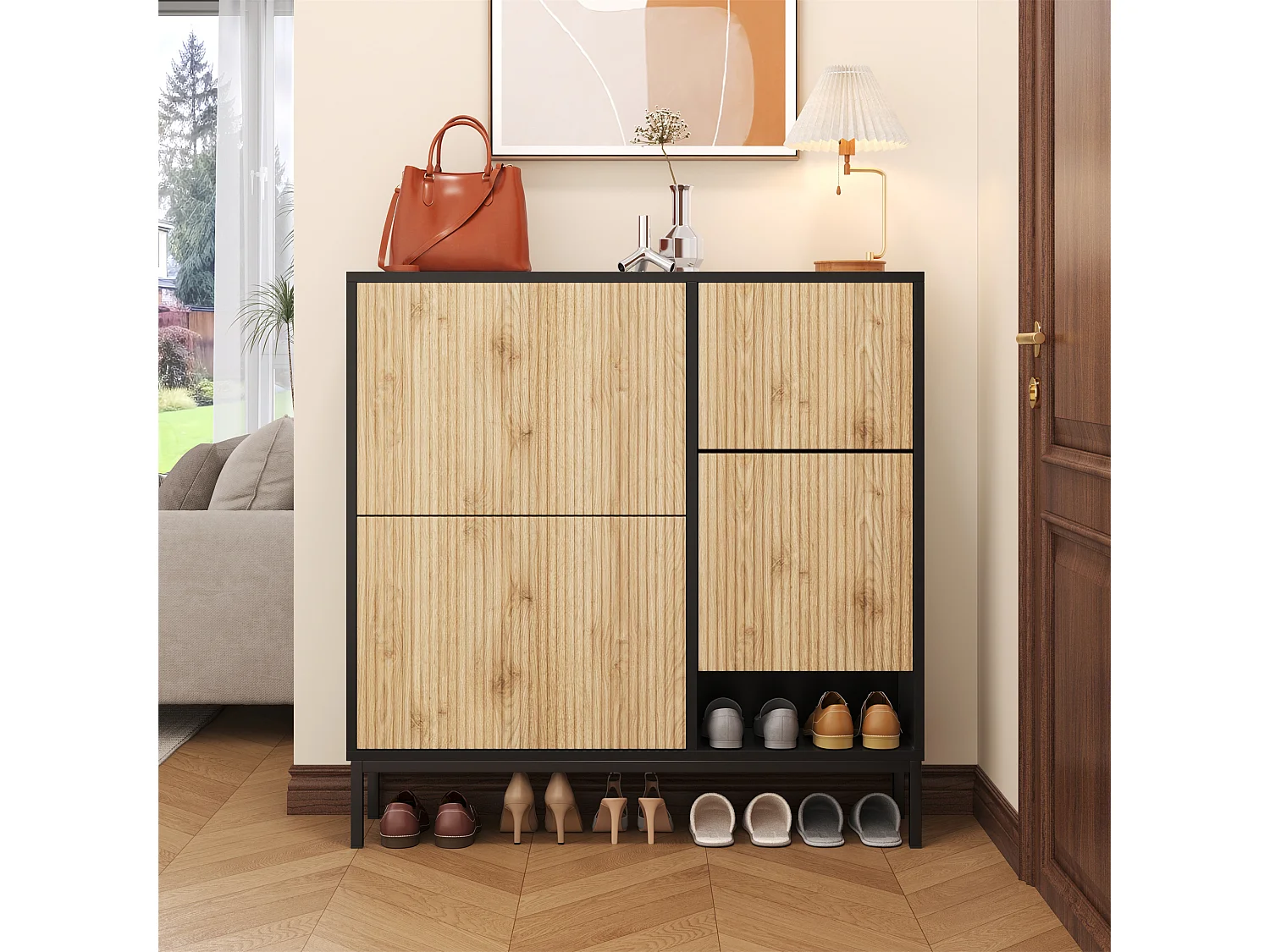 Szafka na buty z 4 drzwiami i przewijakiem - 105 x 25 x 115,5 cm - MDF - Czarny połysk