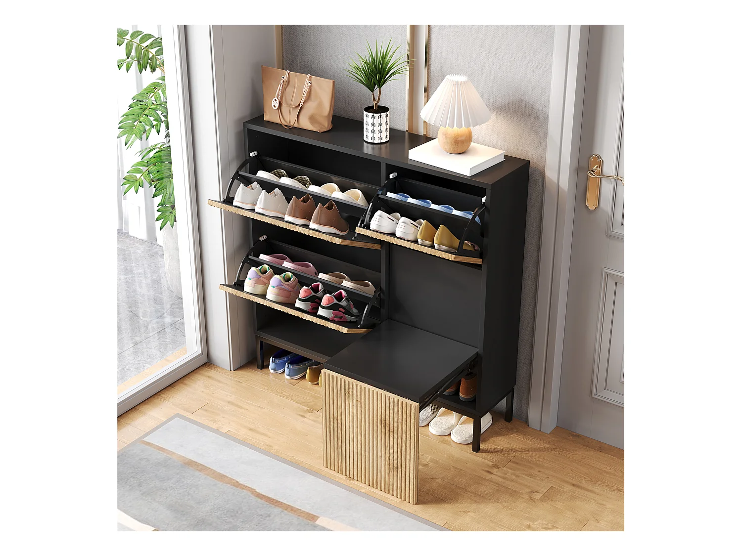 Meuble à chaussures avec 4 portes et tabouret à langer - 105 x 25 x 115.5 cm - MDF - Noir brillant