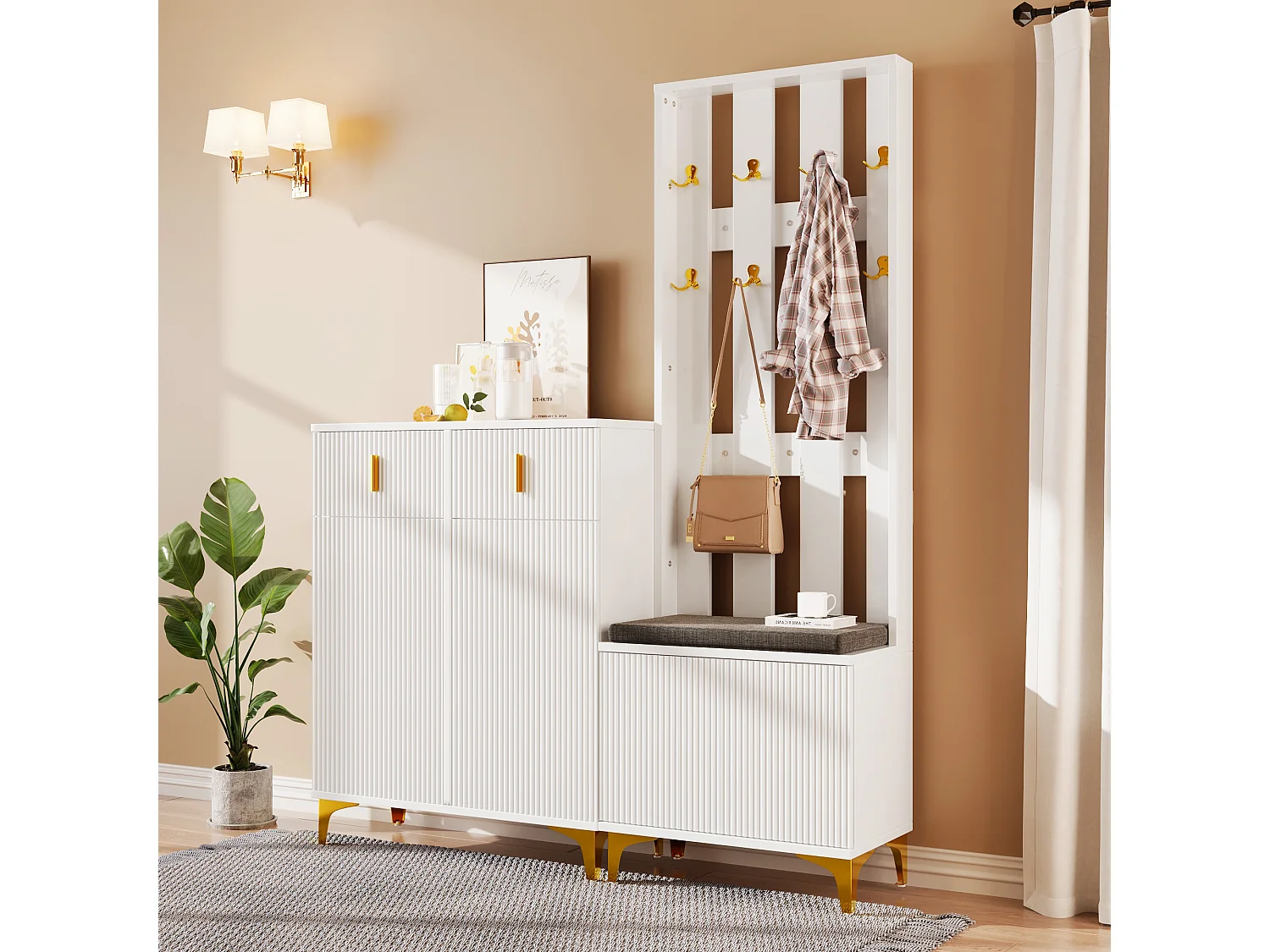 Conjunto de sapateira com sapateira, cabideiro - 60,5x35,2x180,5 cm + 83x35x101 cm - Aglomerado - Branco