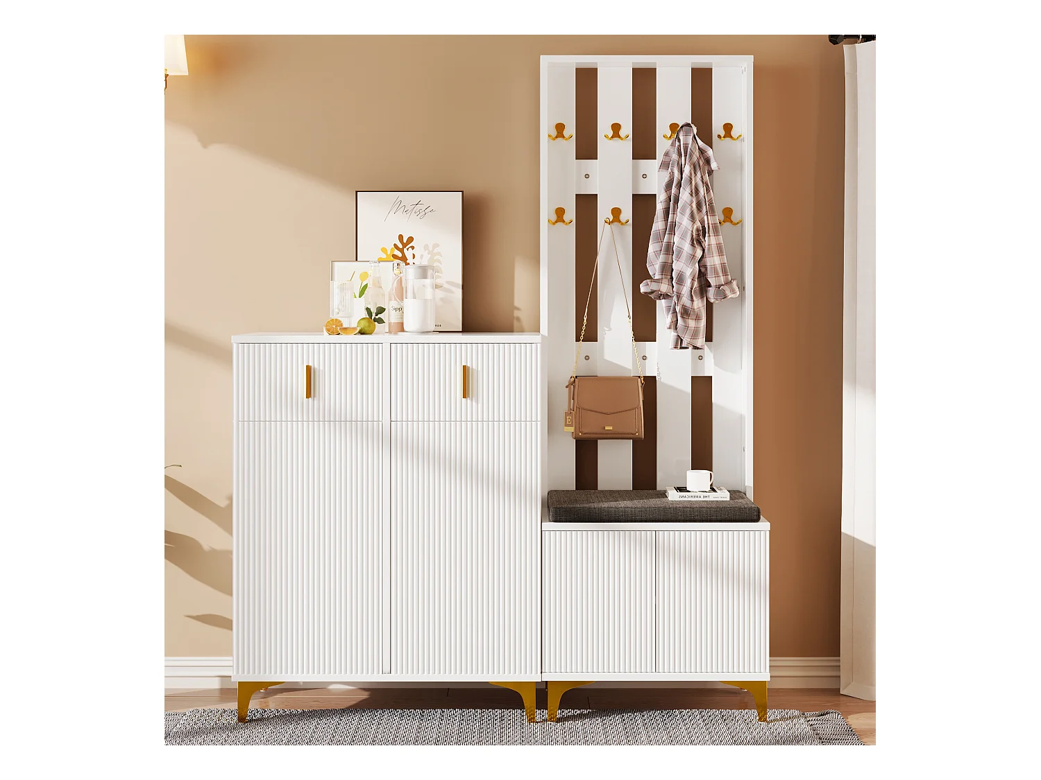 Schuhschrank-Set mit Schuhbank, Garderobe - 60,5x35,2x180,5 cm + 83x35x101 cm - Spanplatte - Weiß