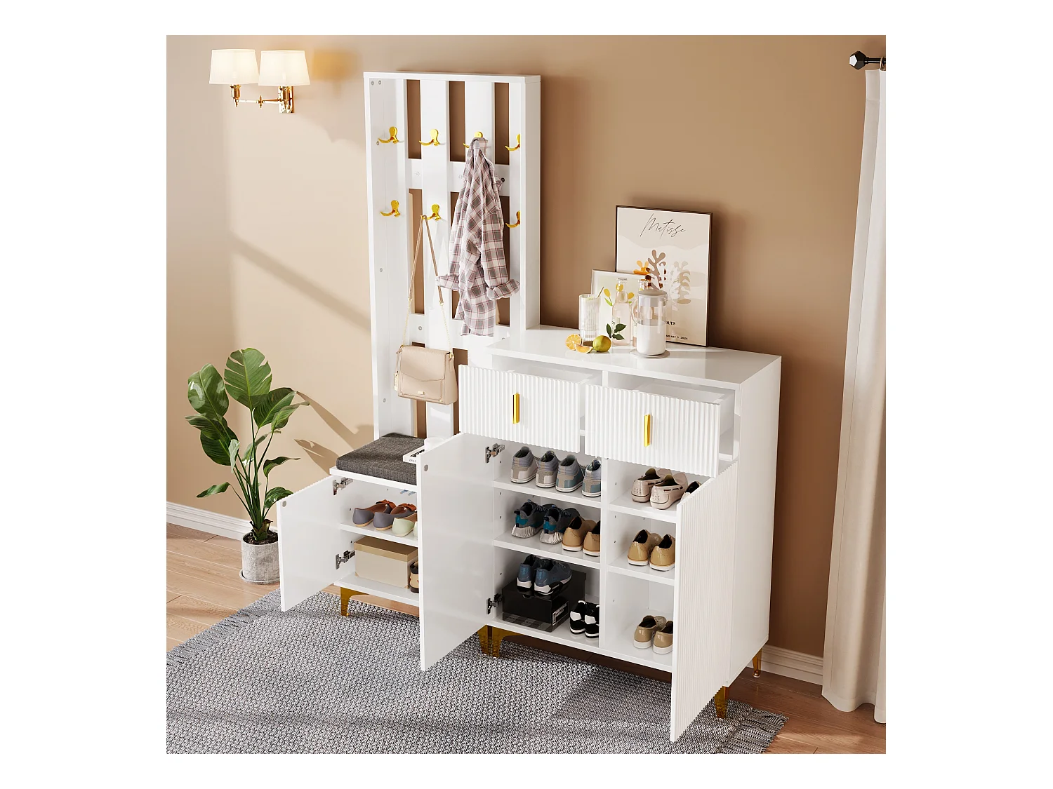 Ensemble meuble à chaussures avec banc à chaussures, porte-manteau - 60,5x35,2x180,5 cm + 83x35x101 cm - Panneau de particules - Blanc