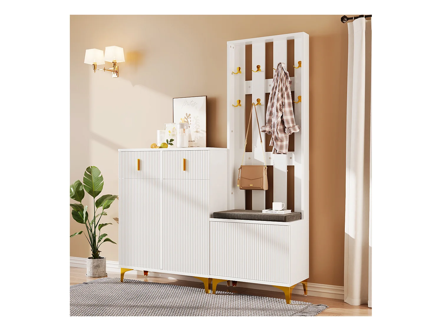 Ensemble meuble à chaussures avec banc à chaussures, porte-manteau - 60,5x35,2x180,5 cm + 83x35x101 cm - Panneau de particules - Blanc