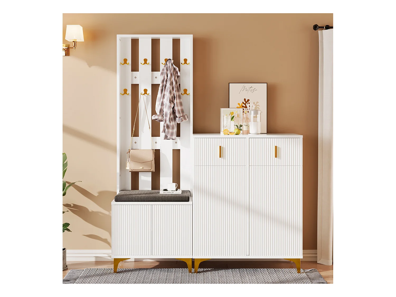 Ensemble meuble à chaussures avec banc à chaussures, porte-manteau - 60,5x35,2x180,5 cm + 83x35x101 cm - Panneau de particules - Blanc