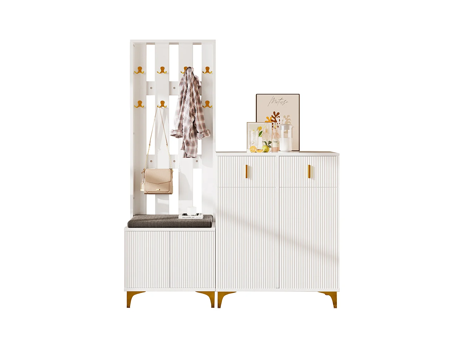 Ensemble meuble à chaussures avec banc à chaussures, porte-manteau - 60,5x35,2x180,5 cm + 83x35x101 cm - Panneau de particules - Blanc