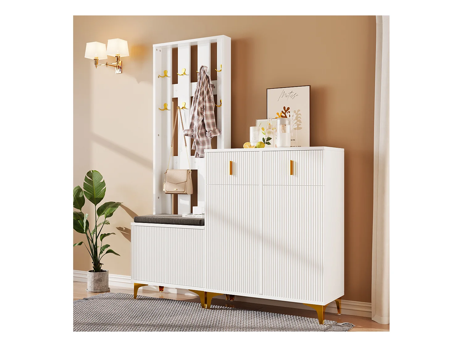 Ensemble meuble à chaussures avec banc à chaussures, porte-manteau - 60,5x35,2x180,5 cm + 83x35x101 cm - Panneau de particules - Blanc