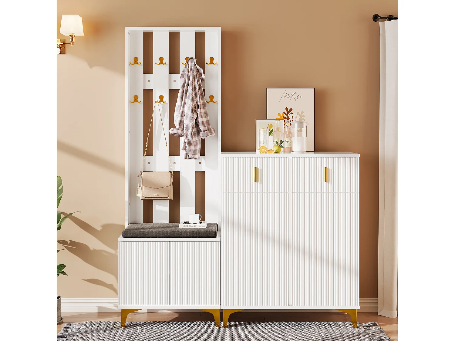 Ensemble meuble à chaussures avec banc à chaussures, porte-manteau - 60,5x35,2x180,5 cm + 83x35x101 cm - Panneau de particules - Blanc