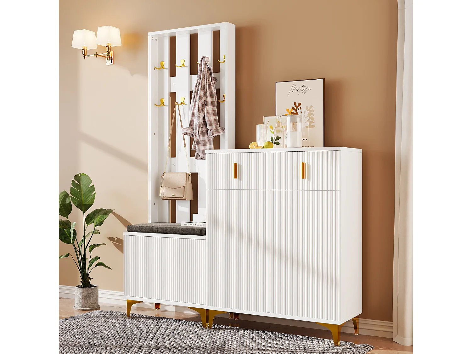 Ensemble meuble à chaussures avec banc à chaussures, porte-manteau - 60,5x35,2x180,5 cm + 83x35x101 cm - Panneau de particules - Blanc