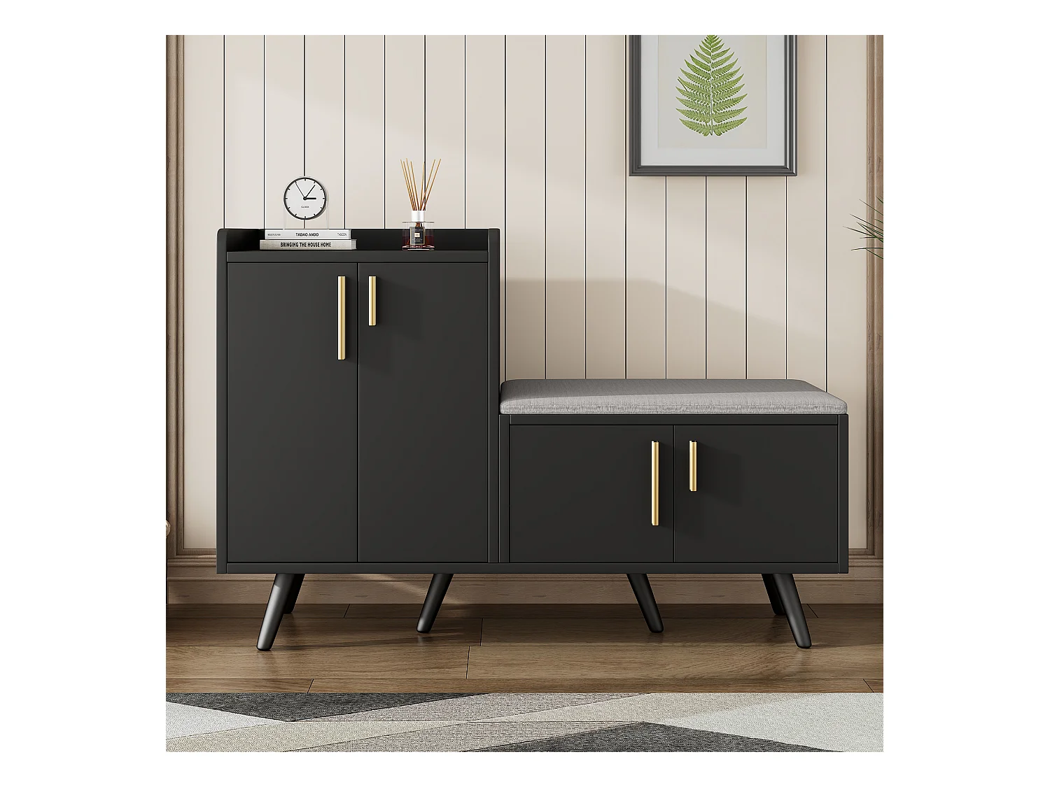 Banc à chaussures moderne avec 4 portes et coussin - pièds et poignées en métal - coloris noir - 120 x 34 x 82 cm