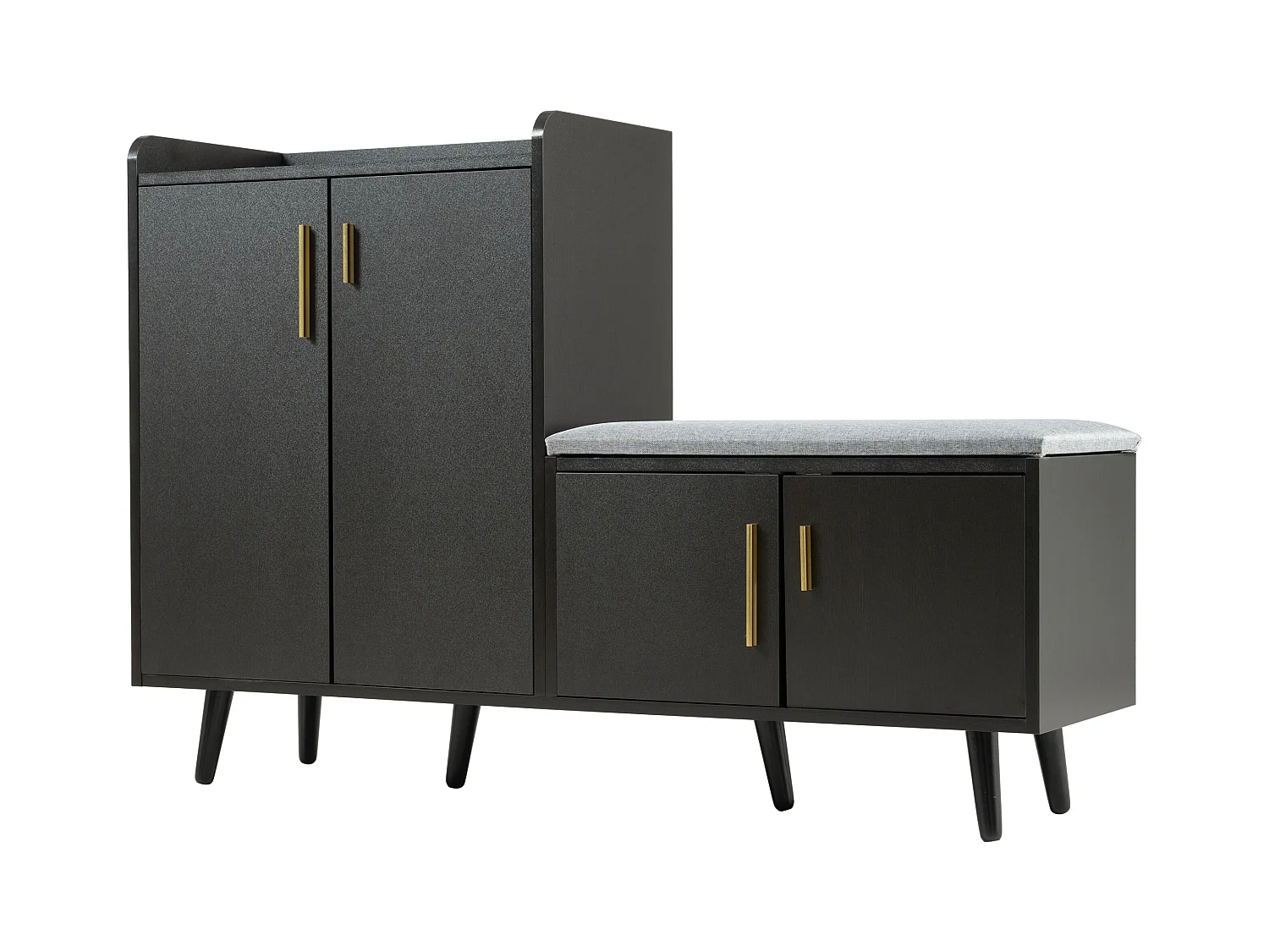Banc à chaussures moderne avec 4 portes et coussin - pièds et poignées en métal - coloris noir - 120 x 34 x 82 cm