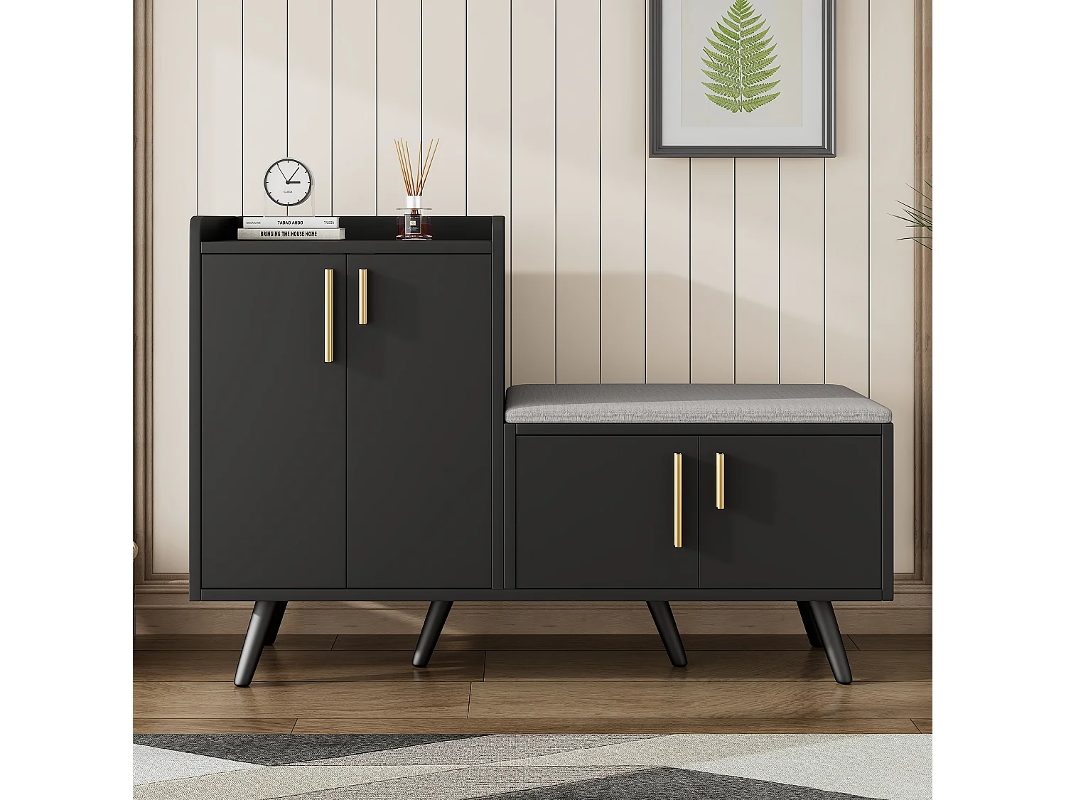 Banc à chaussures moderne avec 4 portes et coussin - pièds et poignées en métal - coloris noir - 120 x 34 x 82 cm