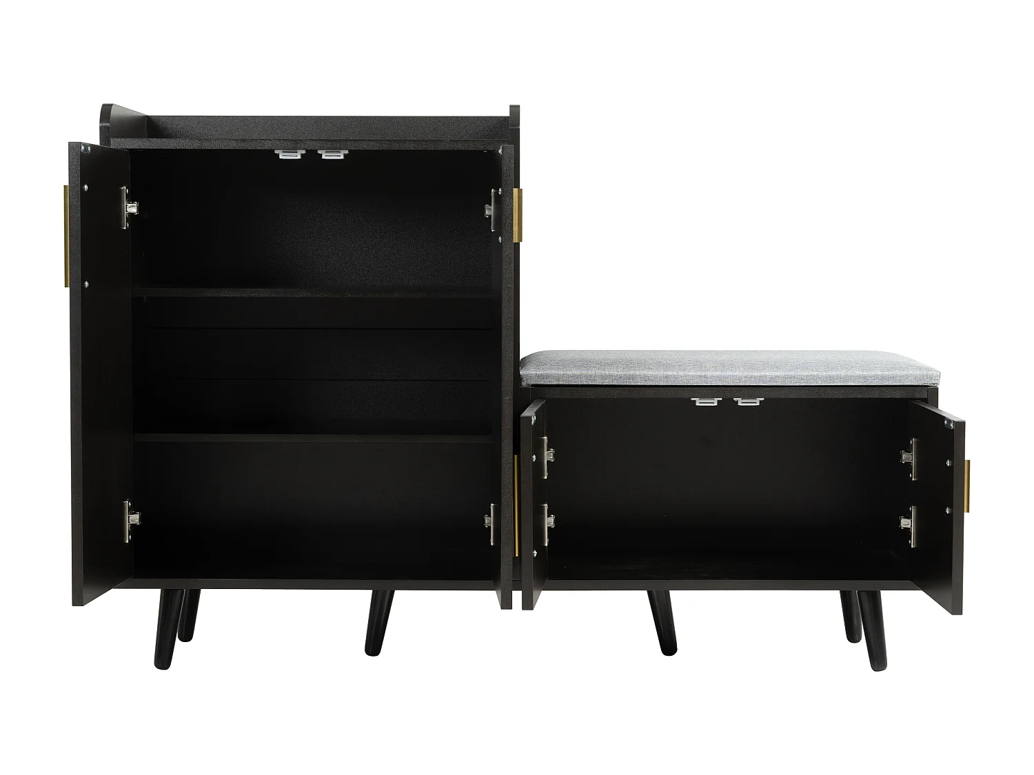 Banc à chaussures moderne avec 4 portes et coussin - pièds et poignées en métal - coloris noir - 120 x 34 x 82 cm