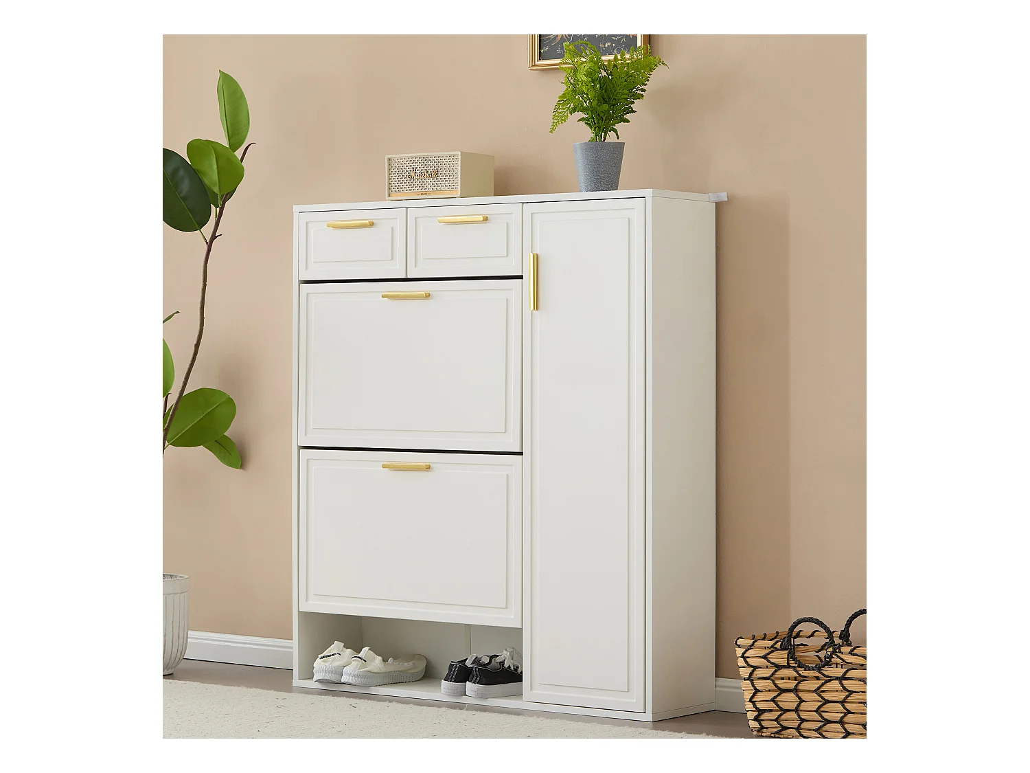 Meuble à chaussures avec 3 portes et 2 tiroirs - 95 x 24 x 107.5 cm - Etagères réglables - Panneau de particules - Blanc