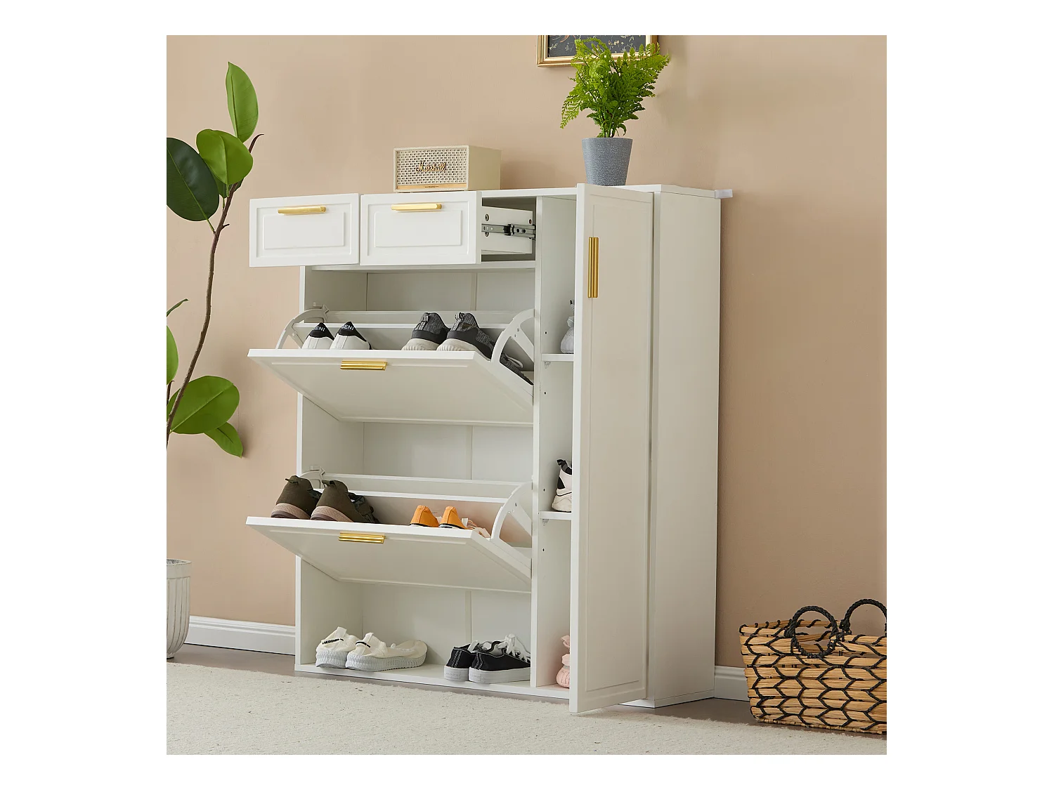 Meuble à chaussures avec 3 portes et 2 tiroirs - 95 x 24 x 107.5 cm - Etagères réglables - Panneau de particules - Blanc