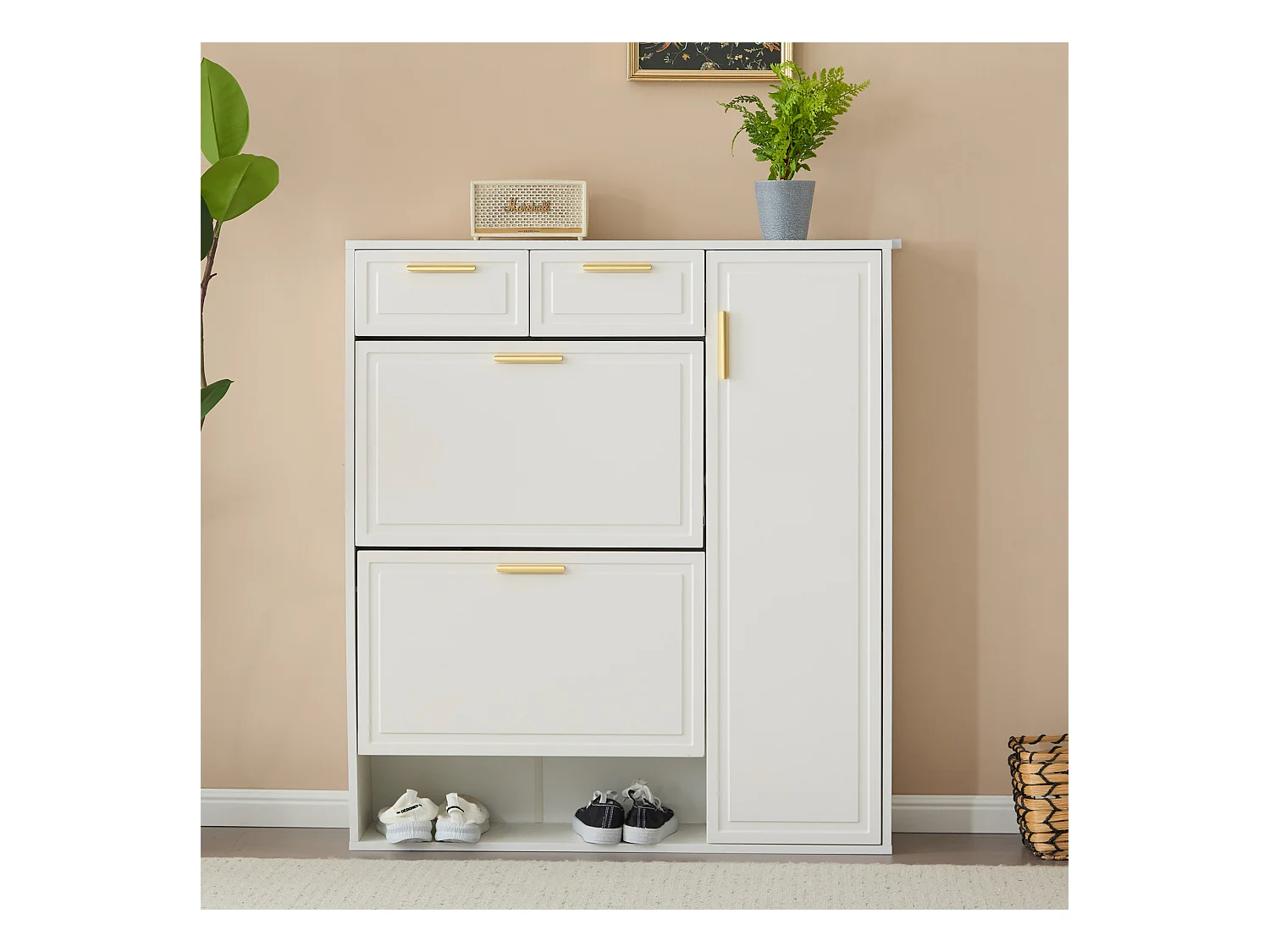 Meuble à chaussures avec 3 portes et 2 tiroirs - 95 x 24 x 107.5 cm - Etagères réglables - Panneau de particules - Blanc