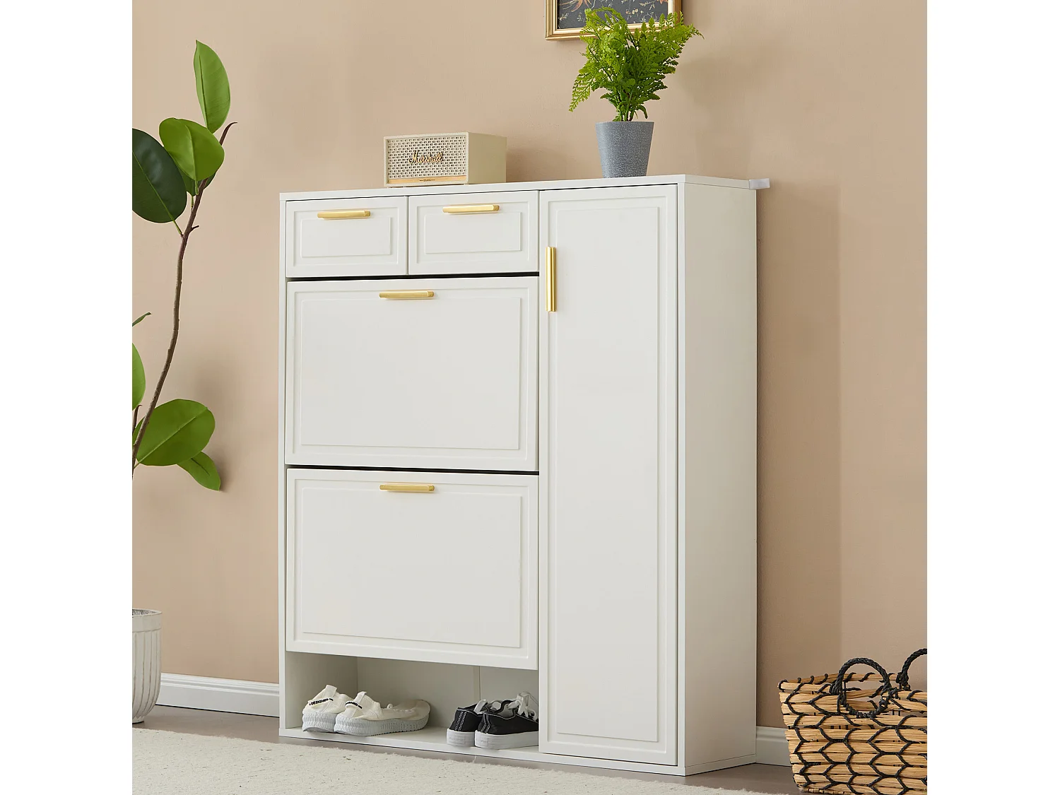 Meuble à chaussures avec 3 portes et 2 tiroirs - 95 x 24 x 107.5 cm - Etagères réglables - Panneau de particules - Blanc