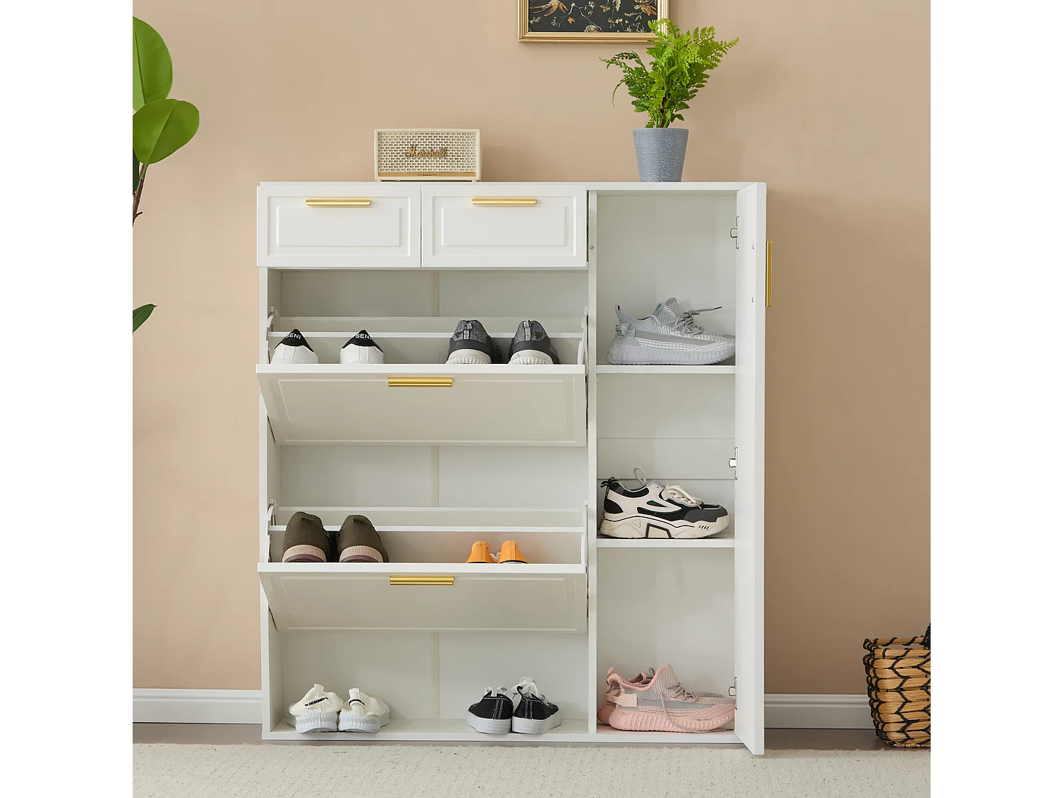 Meuble à chaussures avec 3 portes et 2 tiroirs - 95 x 24 x 107.5 cm - Etagères réglables - Panneau de particules - Blanc