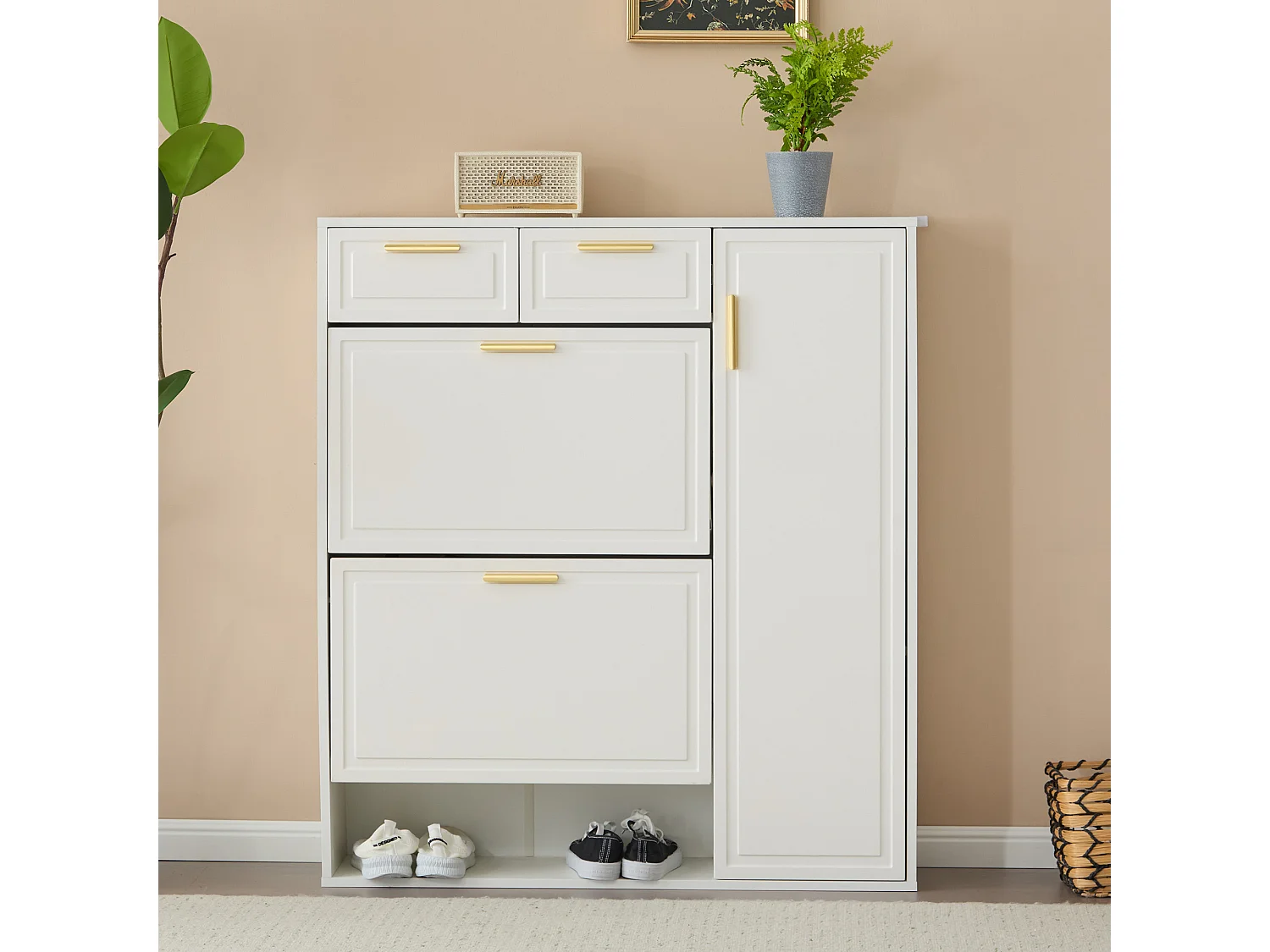 Meuble à chaussures avec 3 portes et 2 tiroirs - 95 x 24 x 107.5 cm - Etagères réglables - Panneau de particules - Blanc