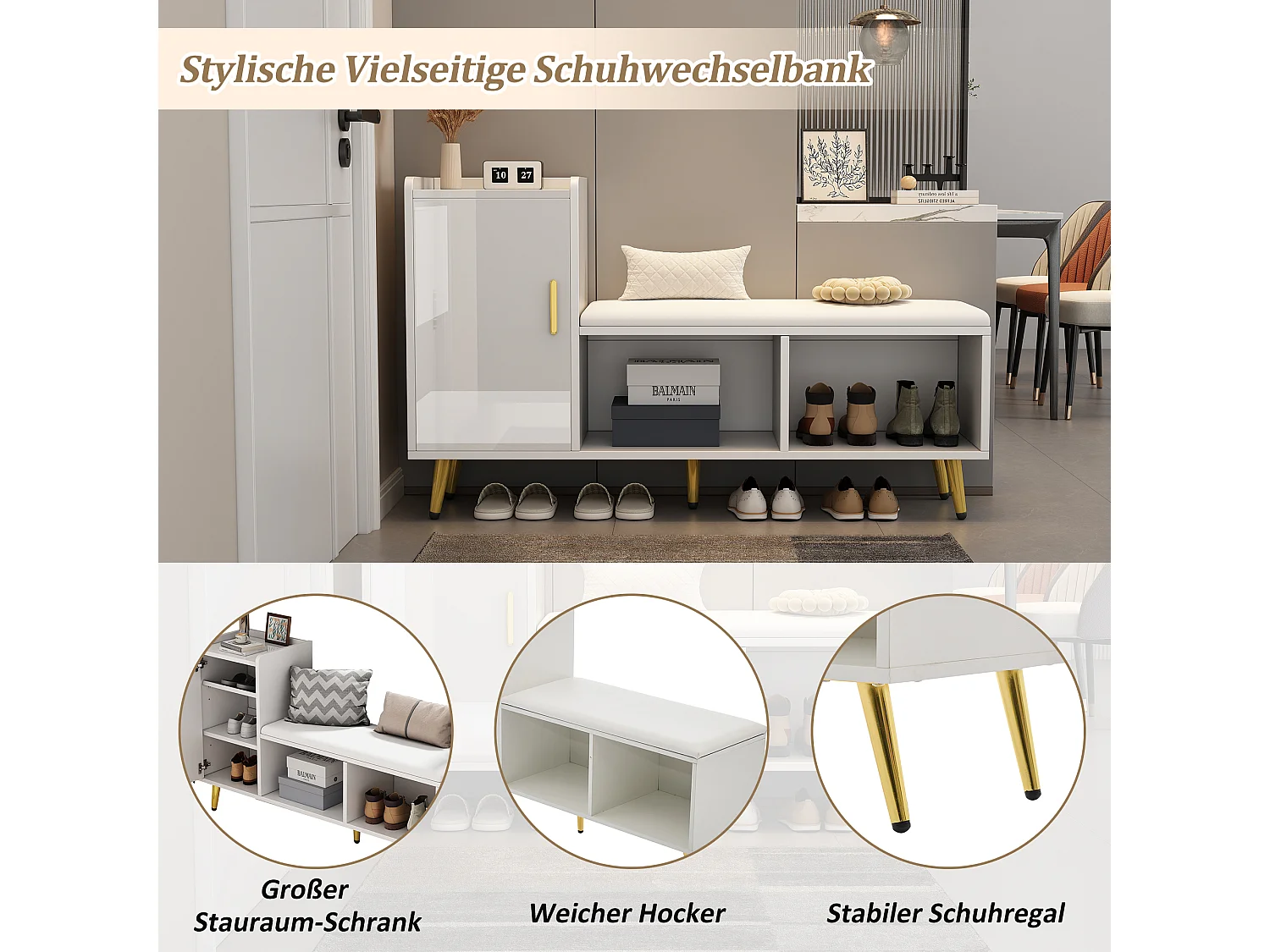 Schuhbank mit 1 Tür, 2 Nischen und Kissen - goldene Metallbeine und Griffe - Weiß - 120 x 35 x 68,5 cm