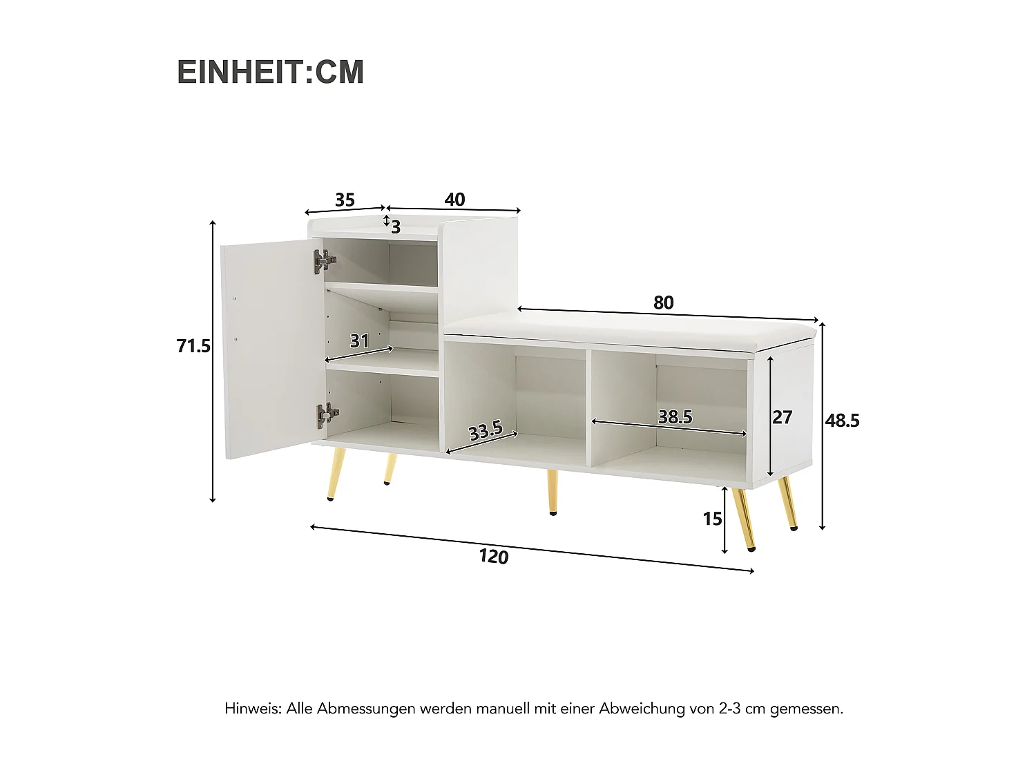 Schuhbank mit 1 Tür, 2 Nischen und Kissen - goldene Metallbeine und Griffe - Weiß - 120 x 35 x 68,5 cm