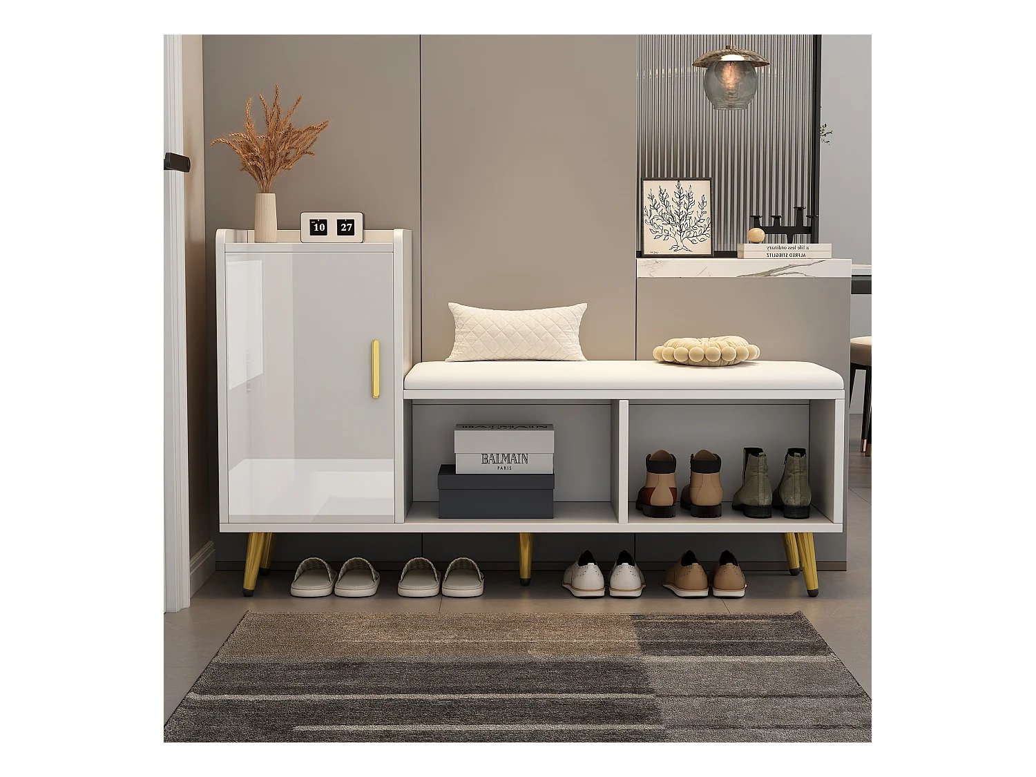 Banc à chaussures avec 1 porte, 2 niches et coussin - panneaux de particules et métal doré - Blanc - 120 x 35 x 68.5 cm