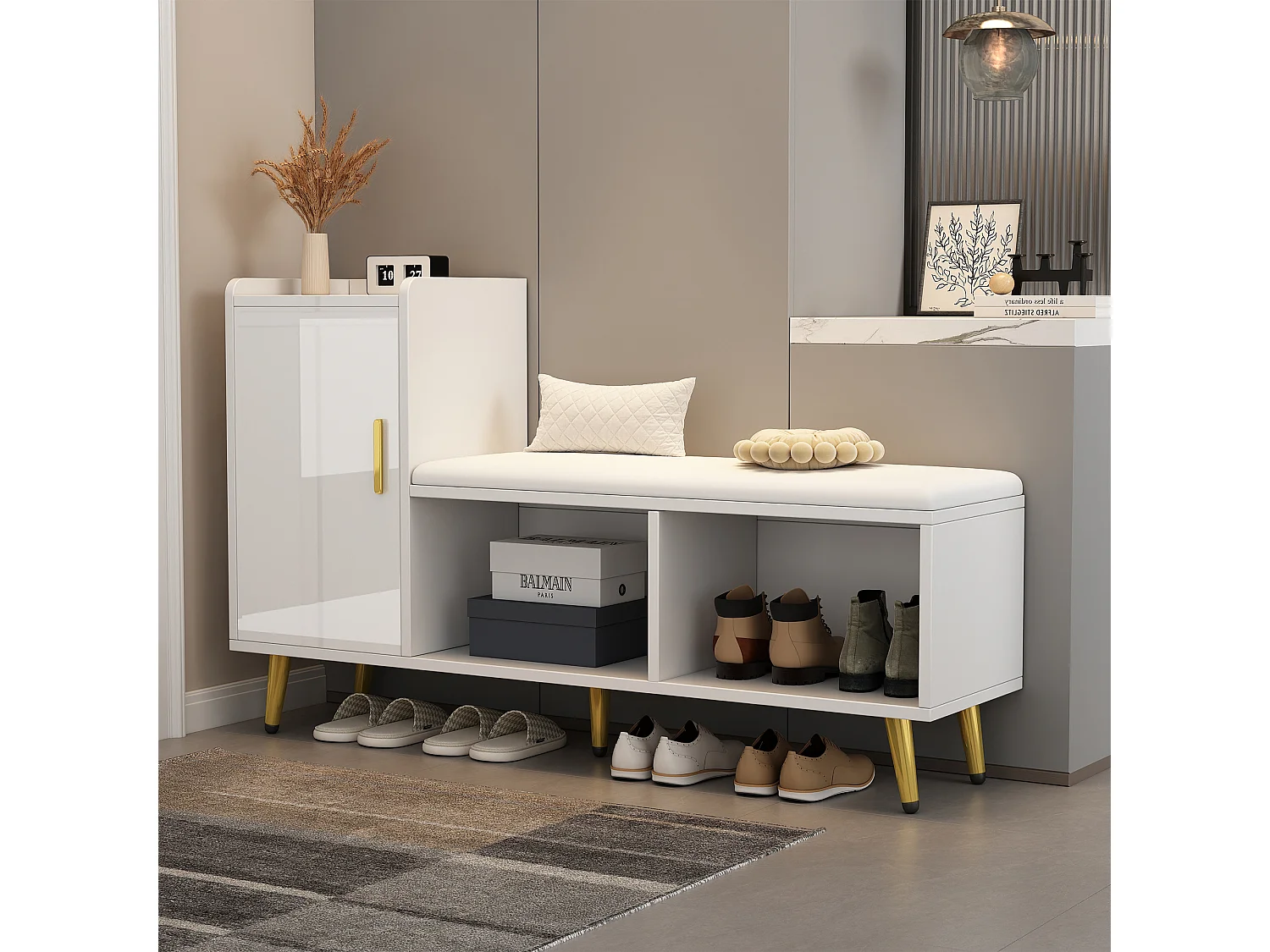 Banc à chaussures avec 1 porte, 2 niches et coussin - panneaux de particules et métal doré - Blanc - 120 x 35 x 68.5 cm