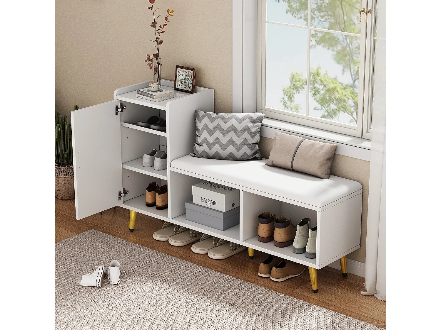 Banc à chaussures avec 1 porte, 2 niches et coussin - panneaux de particules et métal doré - Blanc - 120 x 35 x 68.5 cm