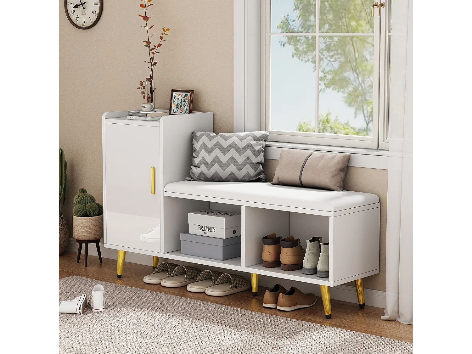 Banc à chaussures avec 1 porte, 2 niches et coussin - panneaux de particules et métal doré - Blanc - 120 x 35 x 68.5 cm