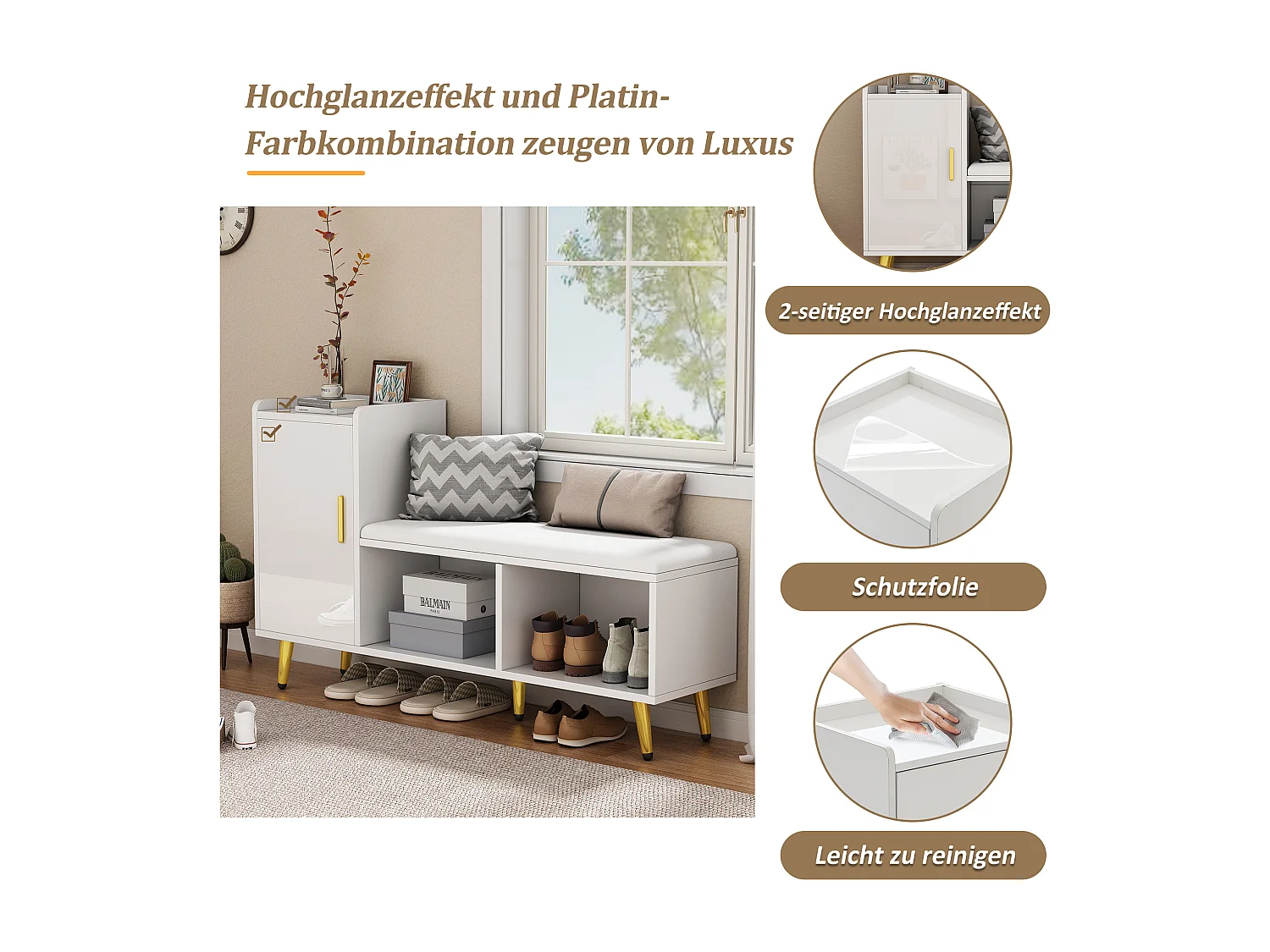 Banc à chaussures avec 1 porte, 2 niches et coussin - panneaux de particules et métal doré - Blanc - 120 x 35 x 68.5 cm