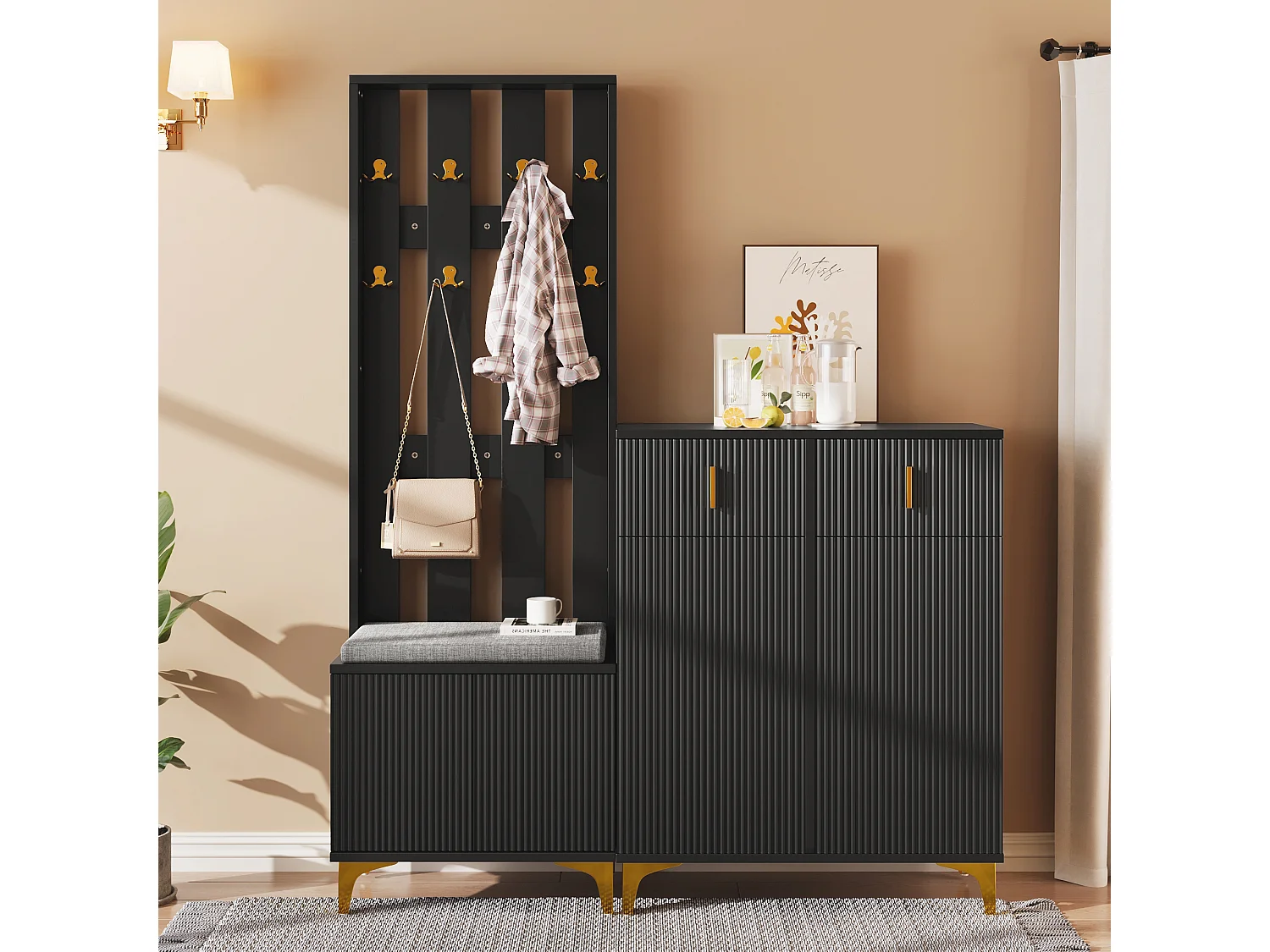 Conjunto de sapateira com sapateira, cabideiro - 60,5x35,2x180,5 cm + 83x35x101 cm - Aglomerado - Preto