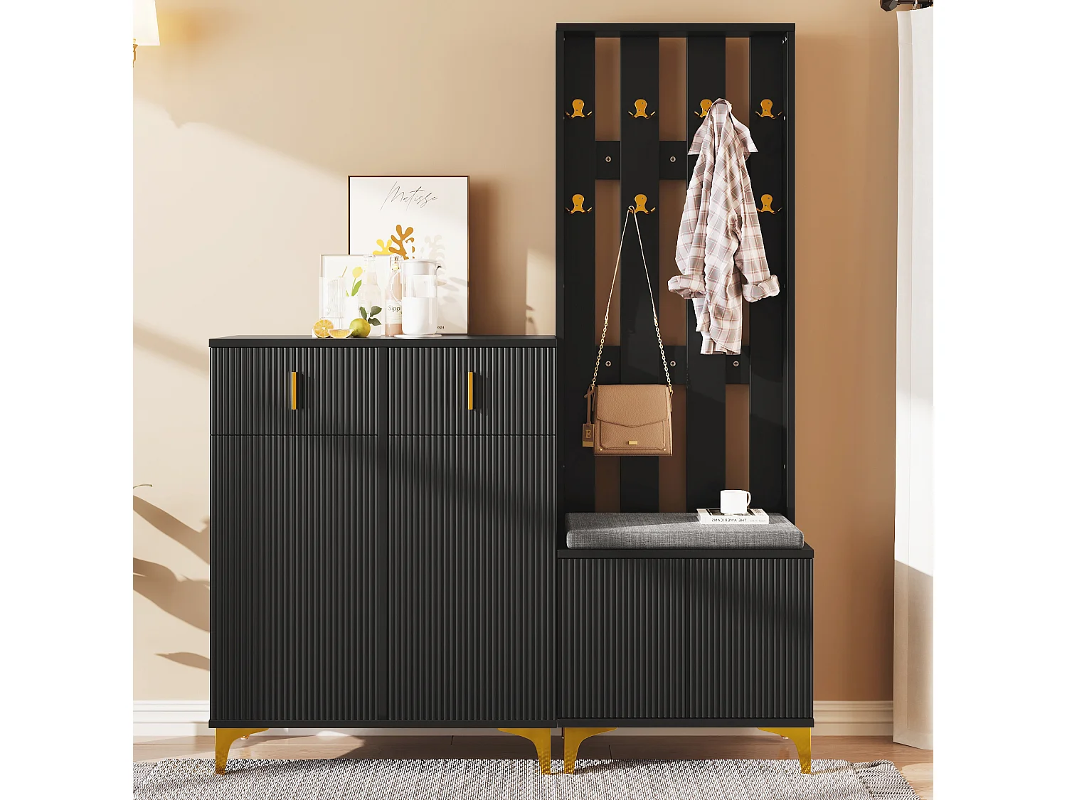 Conjunto de sapateira com sapateira, cabideiro - 60,5x35,2x180,5 cm + 83x35x101 cm - Aglomerado - Preto