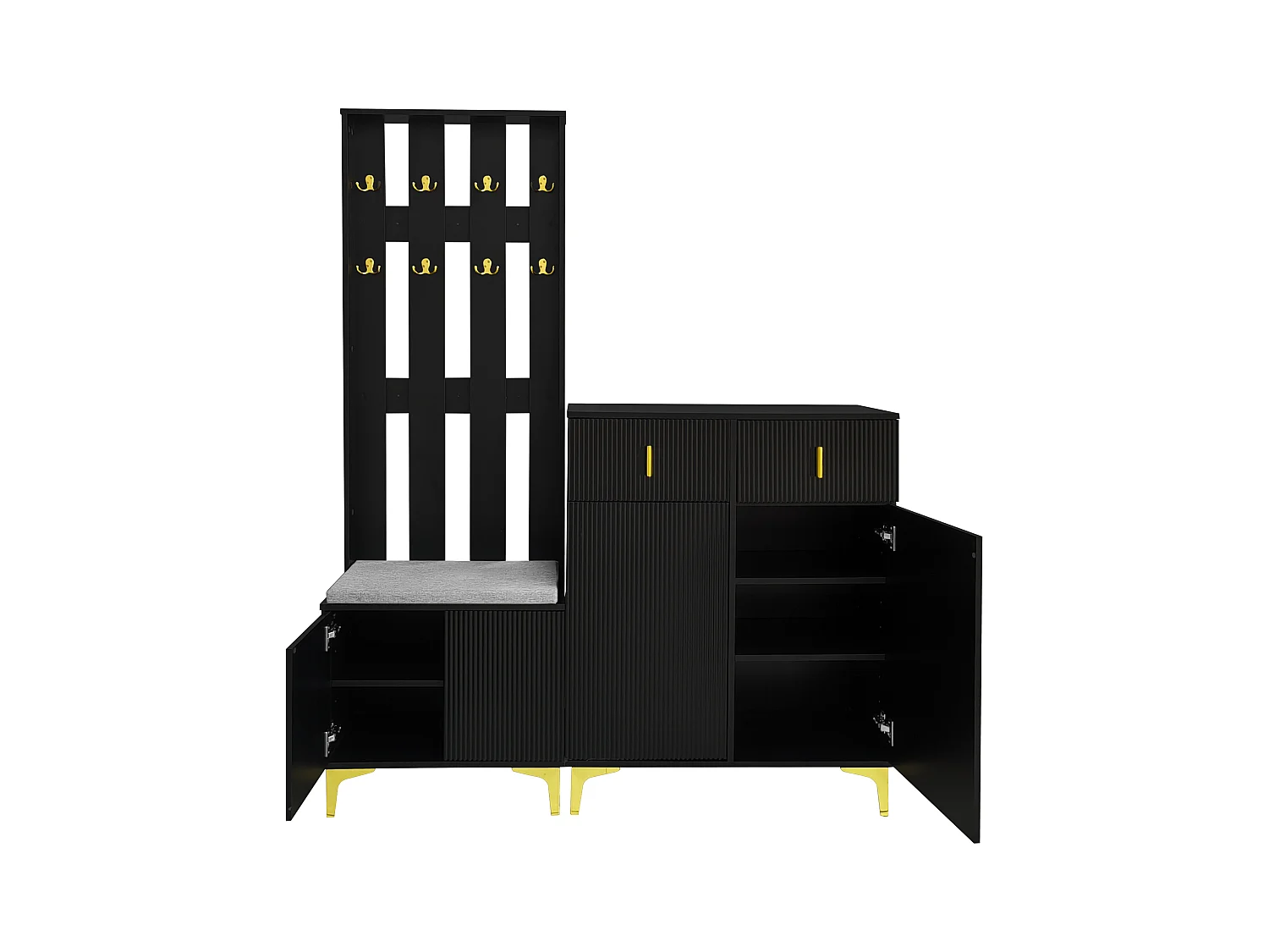 Ensemble meuble à chaussures avec banc à chaussures, porte-manteau - 60,5x35,2x180,5 cm + 83x35x101 cm - Panneau de particules - Noir