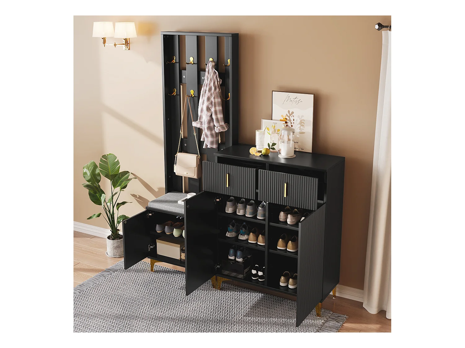 Ensemble meuble à chaussures avec banc à chaussures, porte-manteau - 60,5x35,2x180,5 cm + 83x35x101 cm - Panneau de particules - Noir