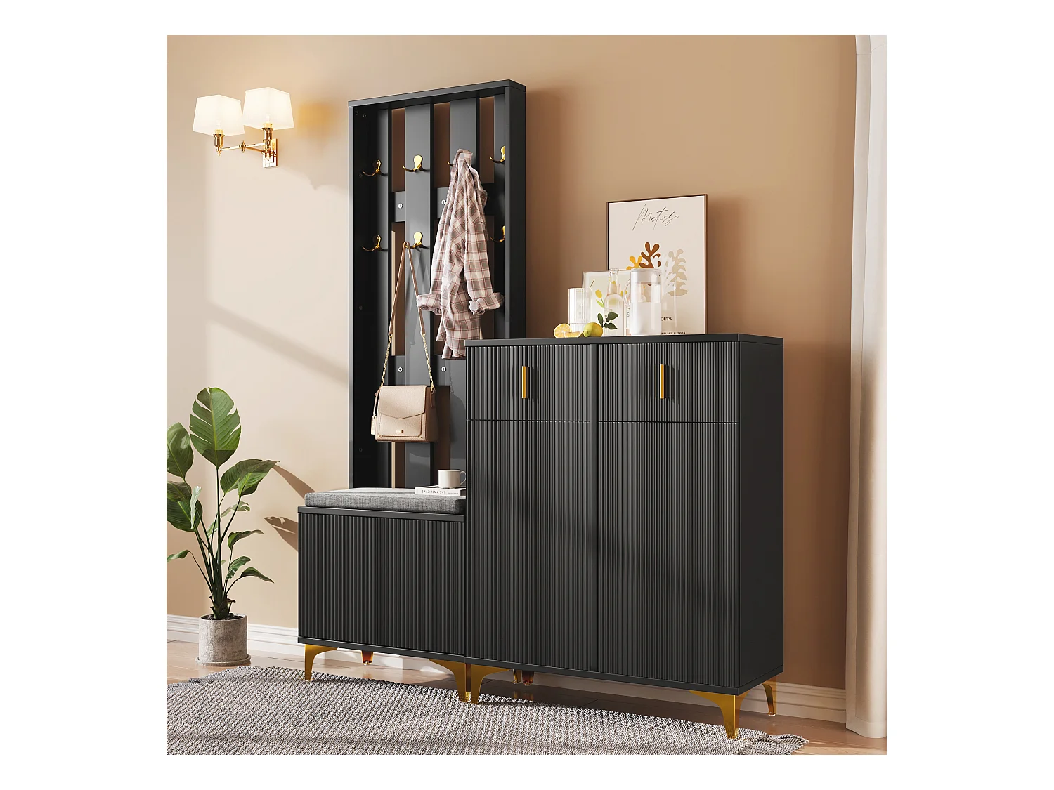 Ensemble meuble à chaussures avec banc à chaussures, porte-manteau - 60,5x35,2x180,5 cm + 83x35x101 cm - Panneau de particules - Noir