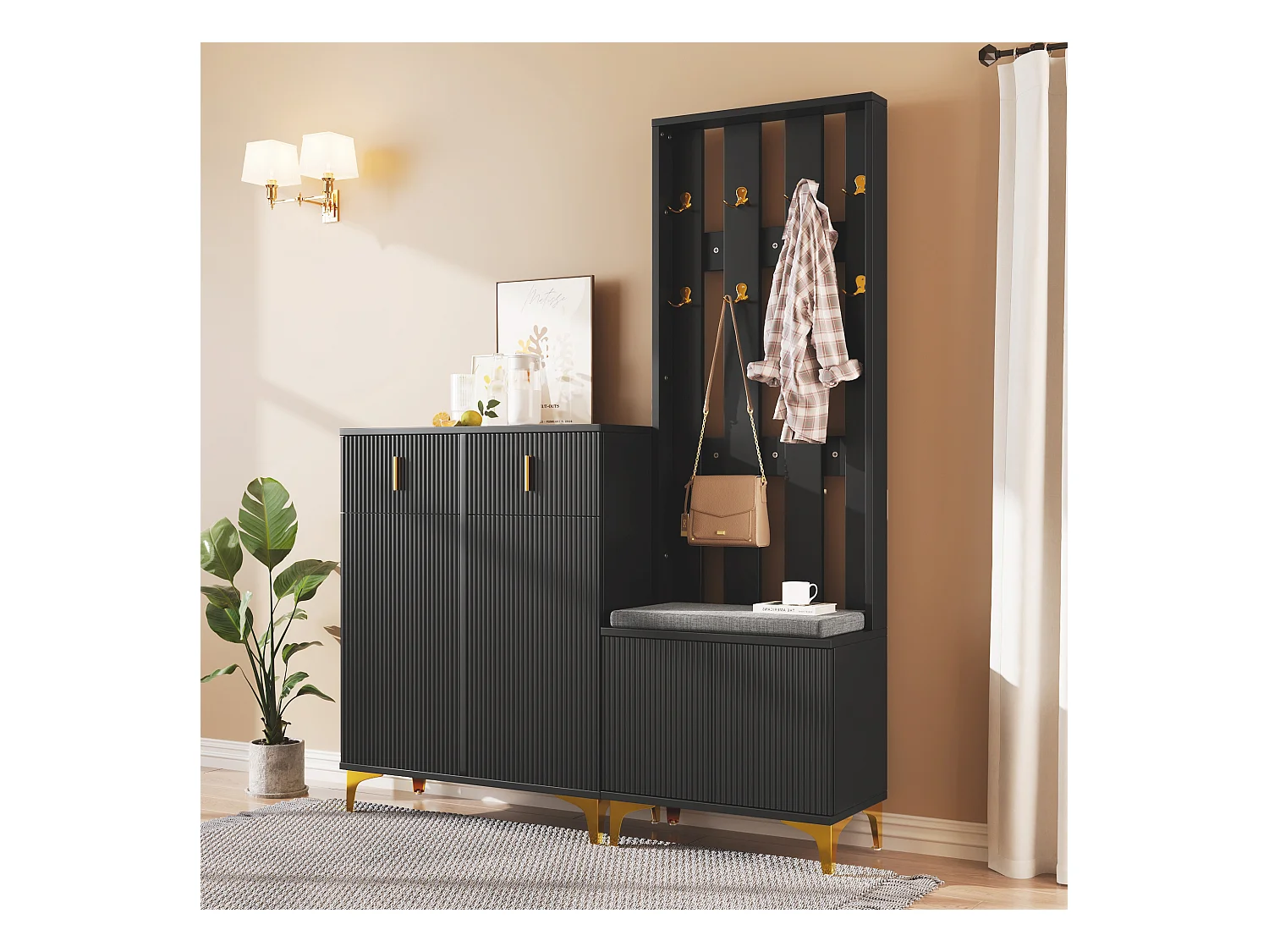 Ensemble meuble à chaussures avec banc à chaussures, porte-manteau - 60,5x35,2x180,5 cm + 83x35x101 cm - Panneau de particules - Noir