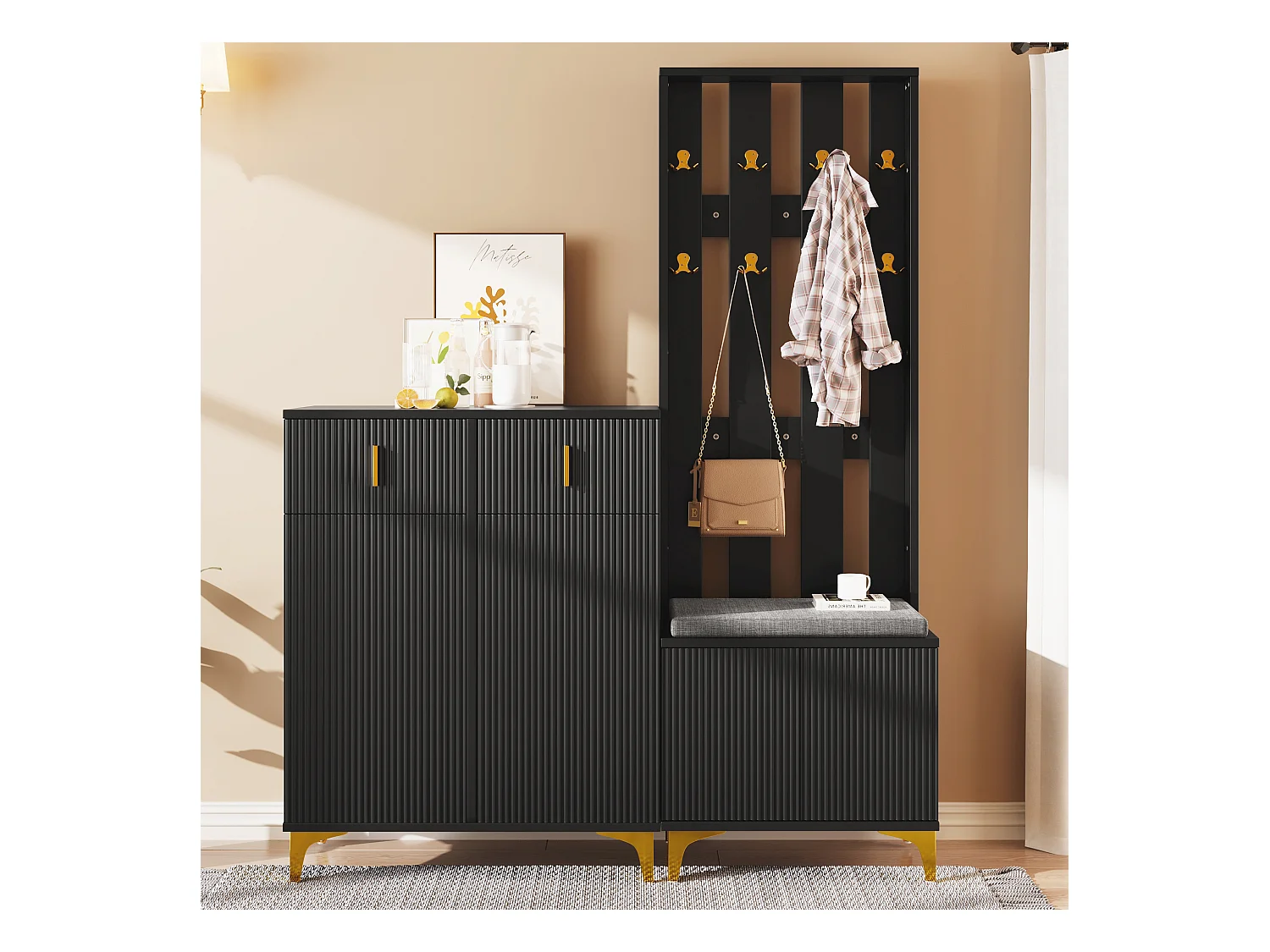 Ensemble meuble à chaussures avec banc à chaussures, porte-manteau - 60,5x35,2x180,5 cm + 83x35x101 cm - Panneau de particules - Noir