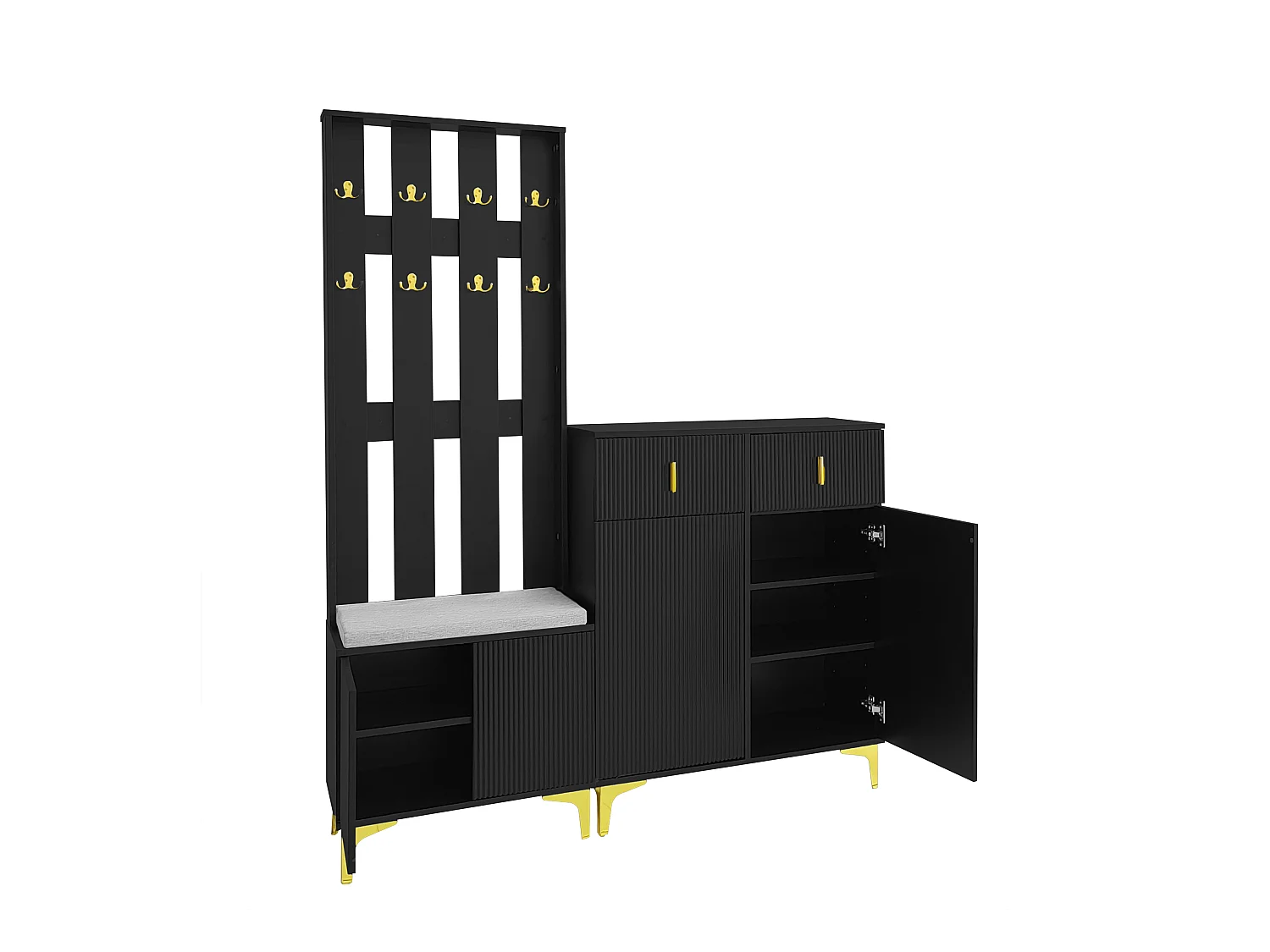 Ensemble meuble à chaussures avec banc à chaussures, porte-manteau - 60,5x35,2x180,5 cm + 83x35x101 cm - Panneau de particules - Noir