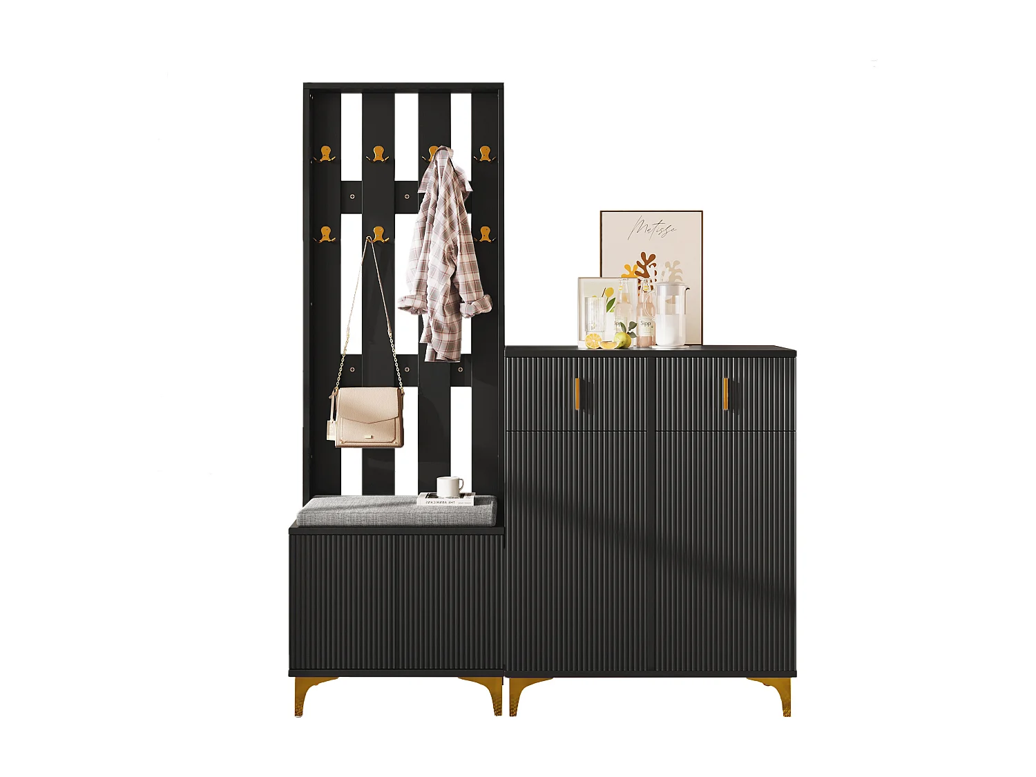 Ensemble meuble à chaussures avec banc à chaussures, porte-manteau - 60,5x35,2x180,5 cm + 83x35x101 cm - Panneau de particules - Noir