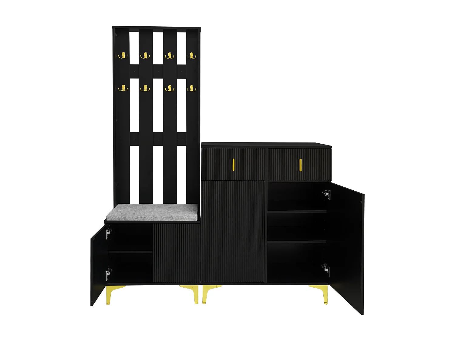 Ensemble meuble à chaussures avec banc à chaussures, porte-manteau - 60,5x35,2x180,5 cm + 83x35x101 cm - Panneau de particules - Noir