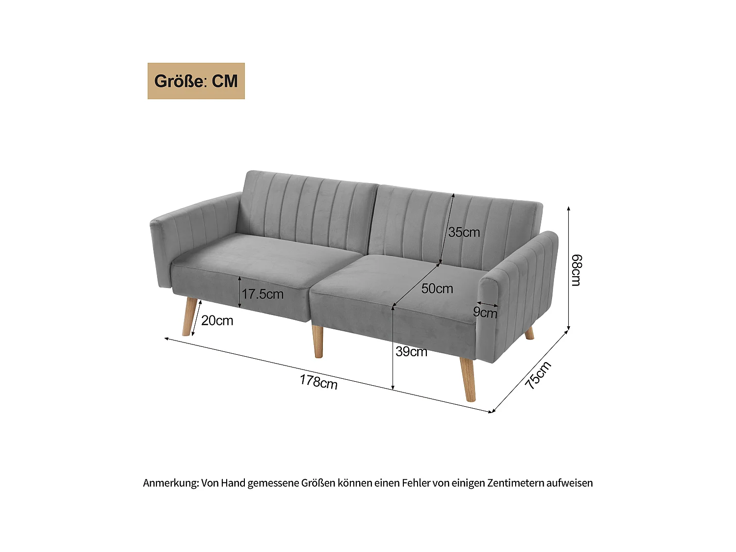 2-zits slaapbank met klik-klak in fluweel - 178 x 78 x 68 cm - Rubberhouten poten - Donkergrijs
