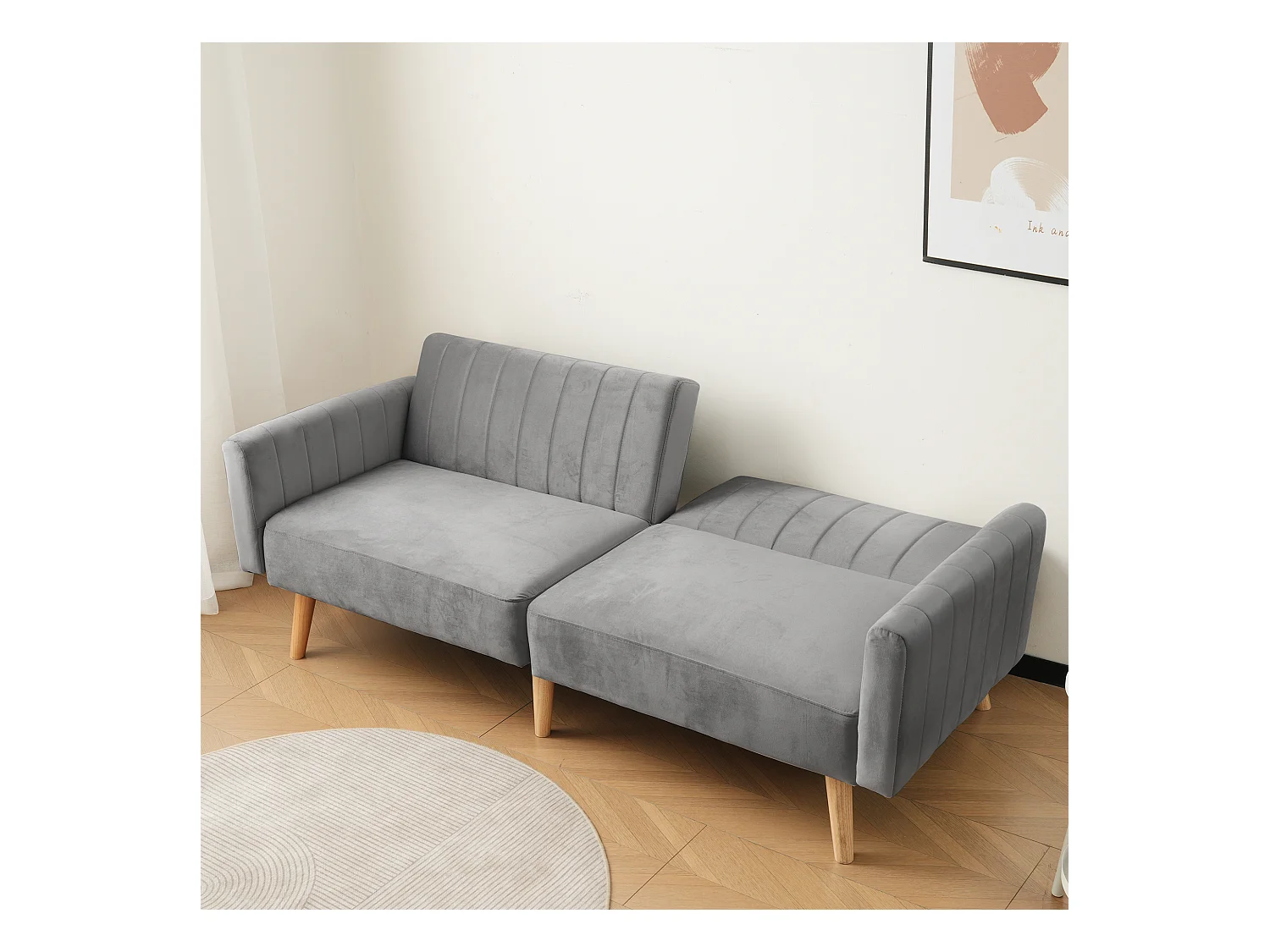 2-zits slaapbank met klik-klak in fluweel - 178 x 78 x 68 cm - Rubberhouten poten - Donkergrijs