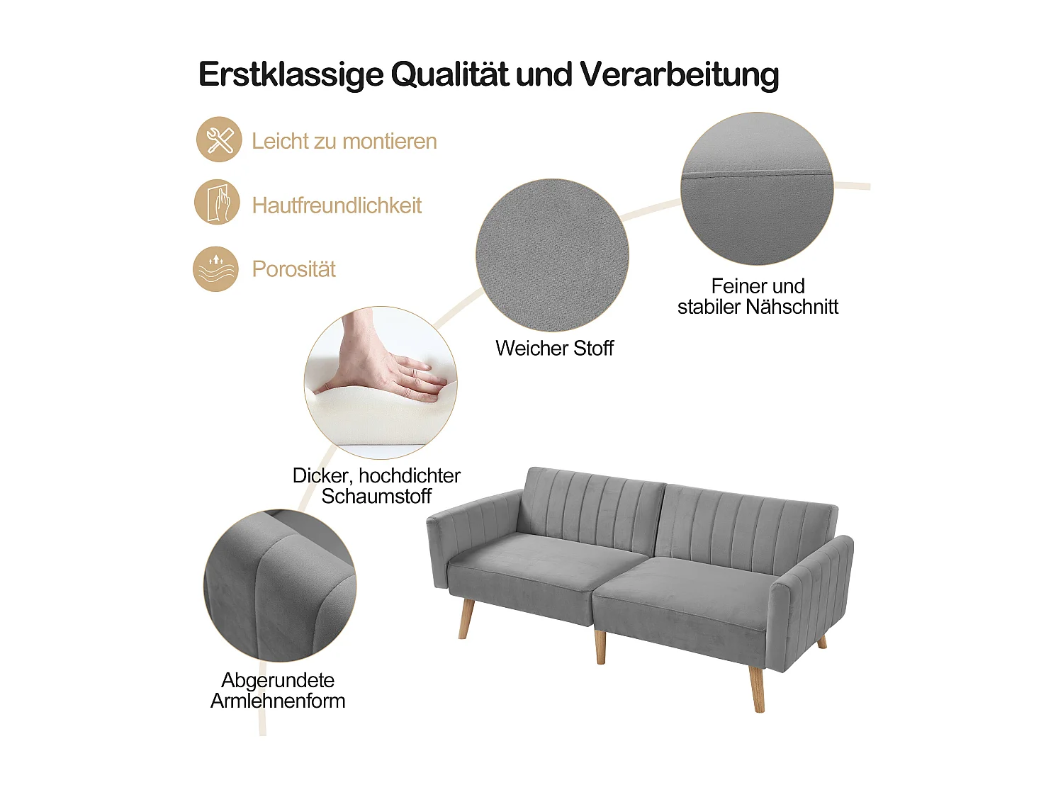 2-zits slaapbank met klik-klak in fluweel - 178 x 78 x 68 cm - Rubberhouten poten - Donkergrijs