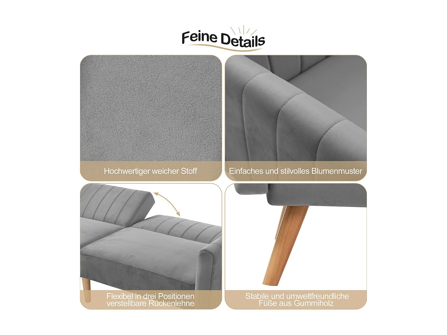 2-zits slaapbank met klik-klak in fluweel - 178 x 78 x 68 cm - Rubberhouten poten - Donkergrijs