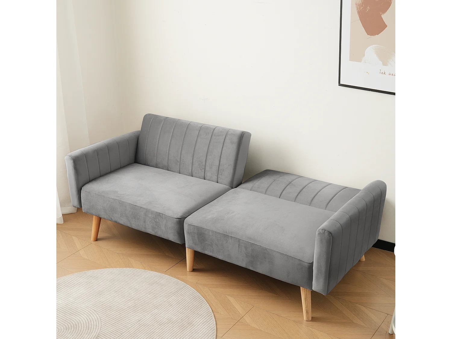 2-zits slaapbank met klik-klak in fluweel - 178 x 78 x 68 cm - Rubberhouten poten - Donkergrijs