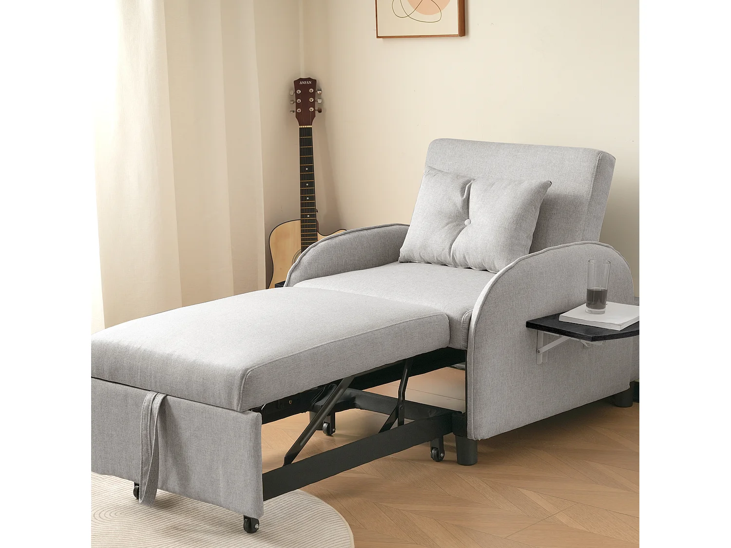 Divano letto 1 posto con tavolo pieghevole - 123 (73) x 78 x 167 cm - Tessuto lino - Grigio chiaro