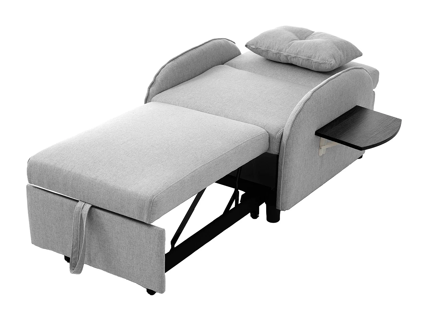 Divano letto 1 posto con tavolo pieghevole - 123 (73) x 78 x 167 cm - Tessuto lino - Grigio chiaro